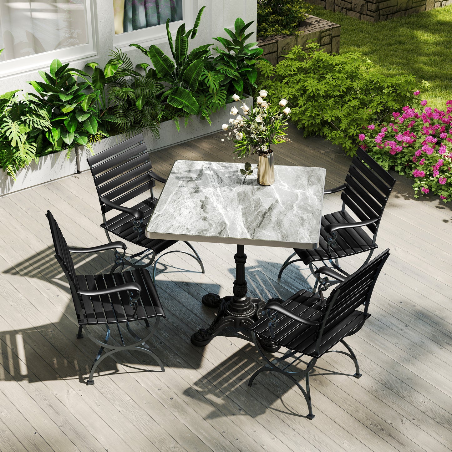 Marble-Look Sintered Stone Square Table - Heavy-Duty Cast Iron Base for Bistro, Cafe, Bar & Home Use