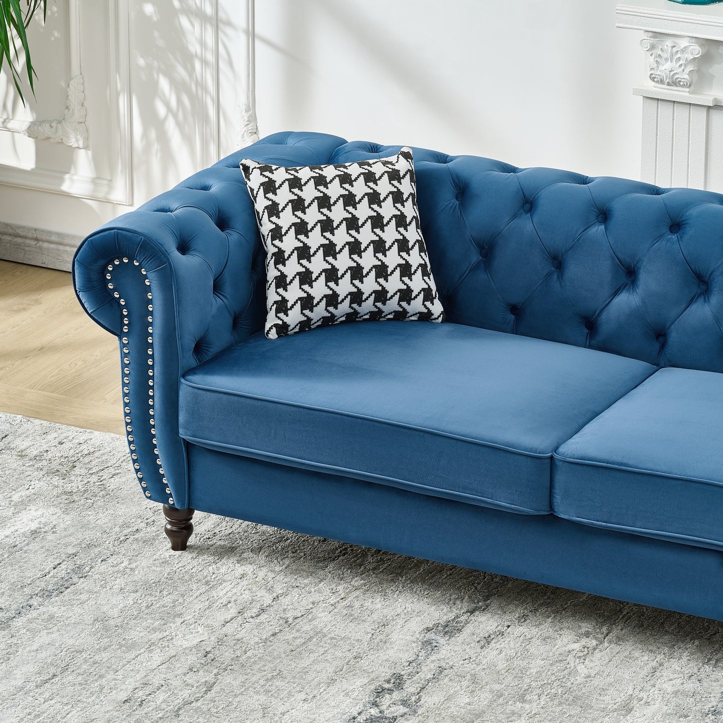Blue Velvet 3-Seater Sofa with Pine Wood Frame for Living Room