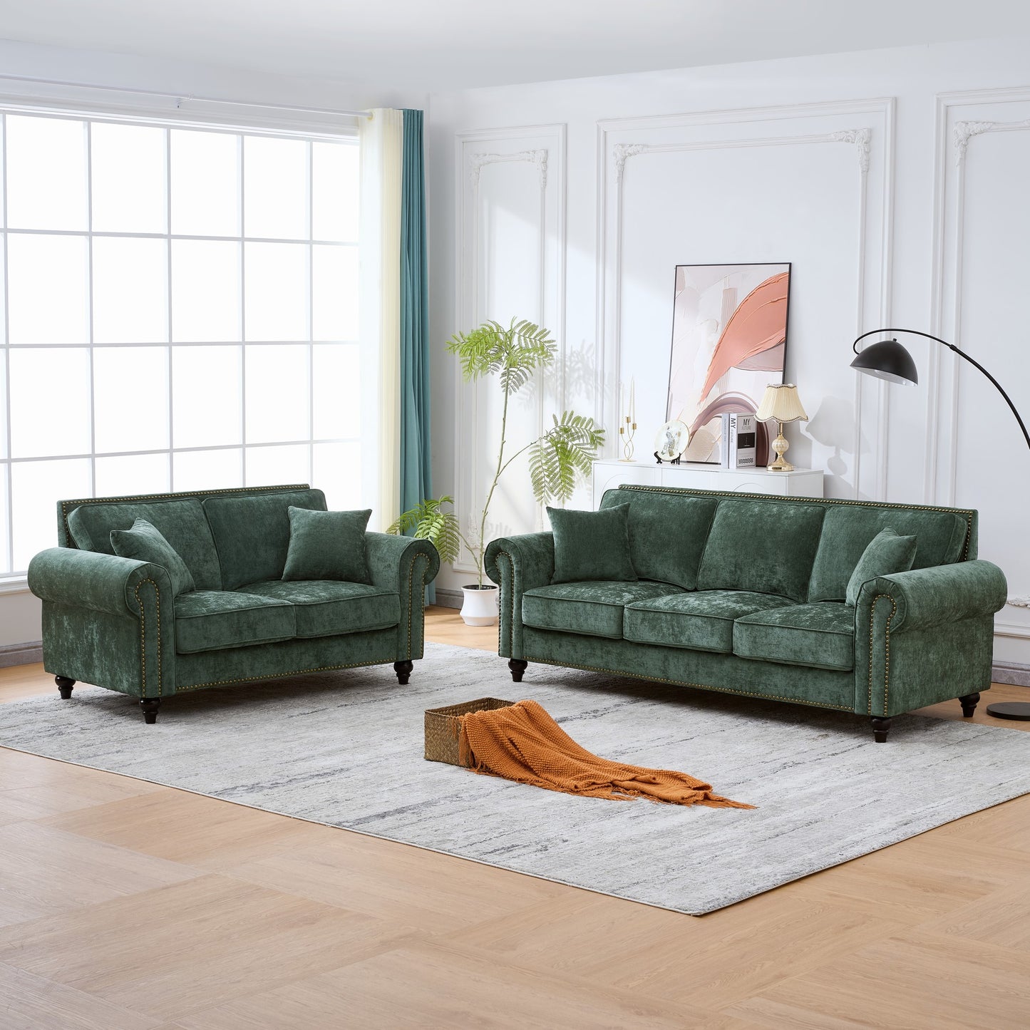 Modern 3+2 Seater Sofa with Rolled Arms,Chenille Upholstered Couch with Wood Legs and Nailhead Trim for Living Room, Apartment,Green