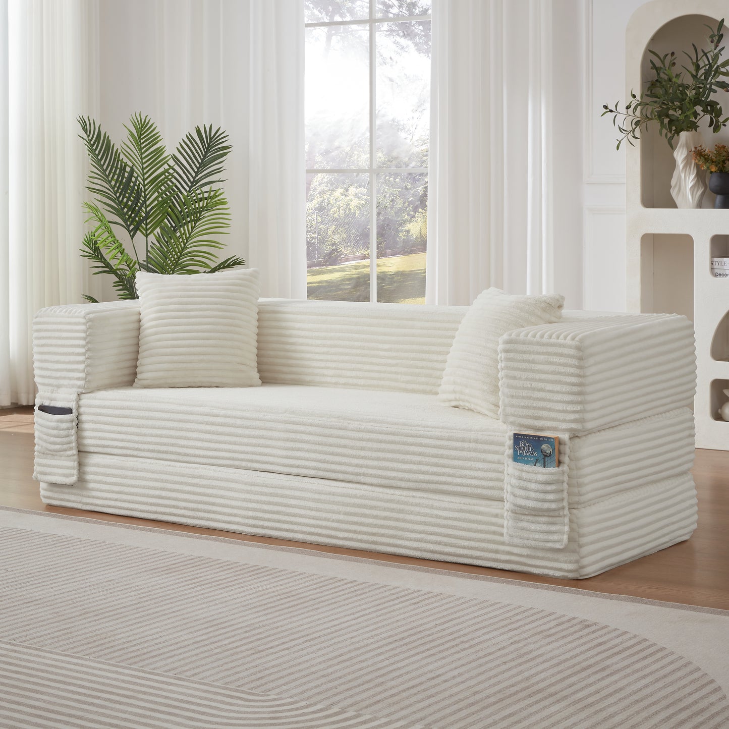Modern cord sofa with stylish appearance, classic square design, unique two-tier design, convertible into a bed, ideal for apartments and large spaces.