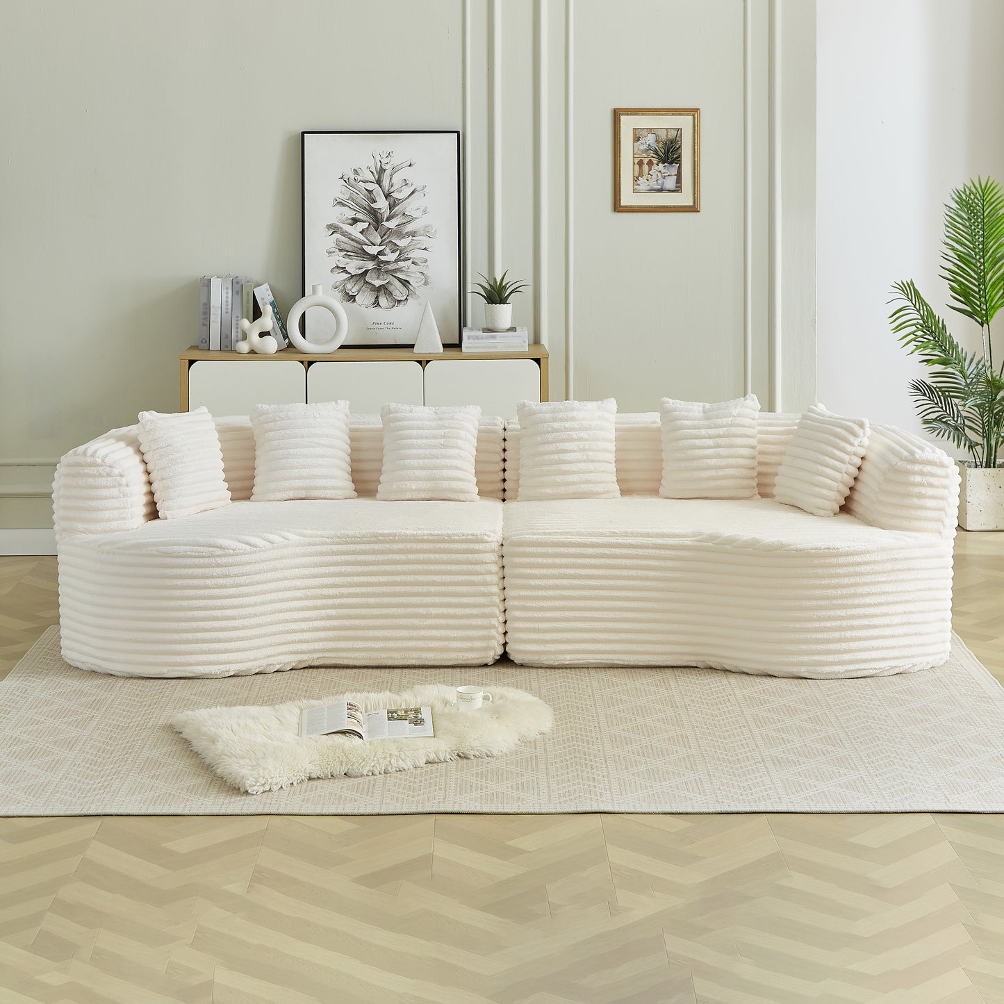 Curved Sectional Sofa, 111.5-inch Oversized Modern Bone-Free Cloud Sofa with 6 Pillows Luxury Corduroy Four-Seater Memory Foam Sofa with Deep Seat Design,beige W3505P355585