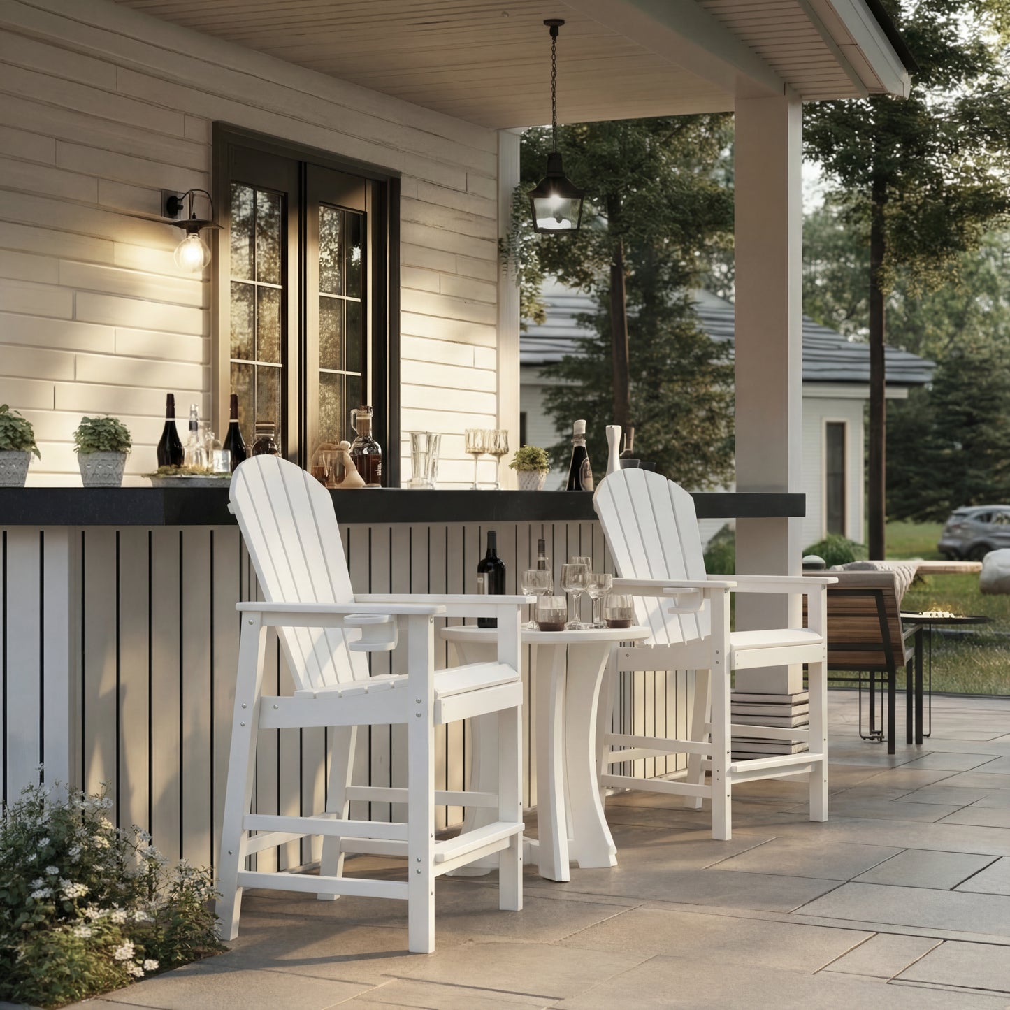 All-Weather HDPE Bar Height Adirondack Chair, Outdoor Patio Bar Chair with Armrests & Cup Holder, UV/Weather Resistant, White 1 Piece (WH)