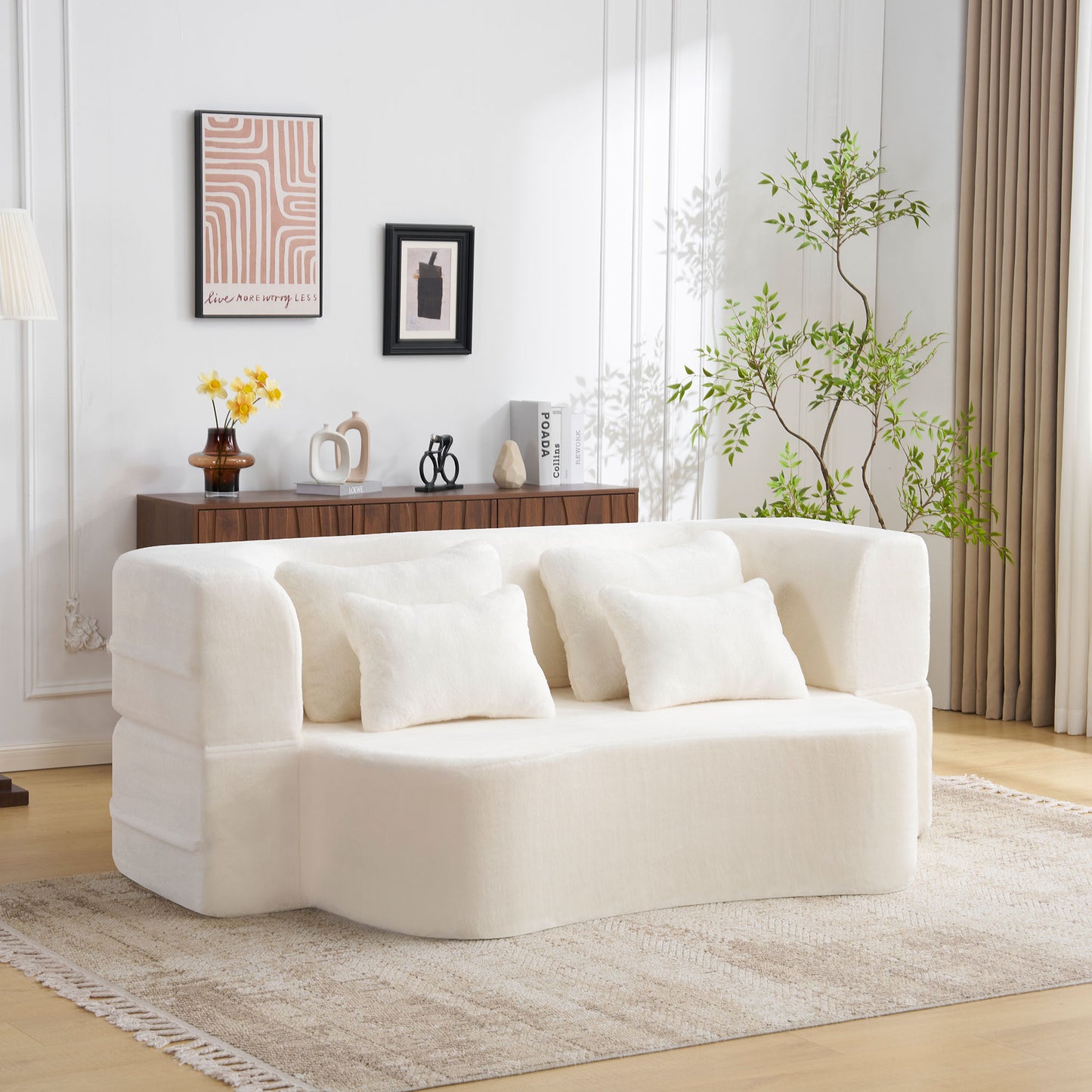 Queen Size Modern White Floor Sofa with 4 Pillows, Plush Fabric Futon Sofa Couch, High-Density Foam Folding Mattress for Living Room,Guest, Bedroom,No Assembly Required