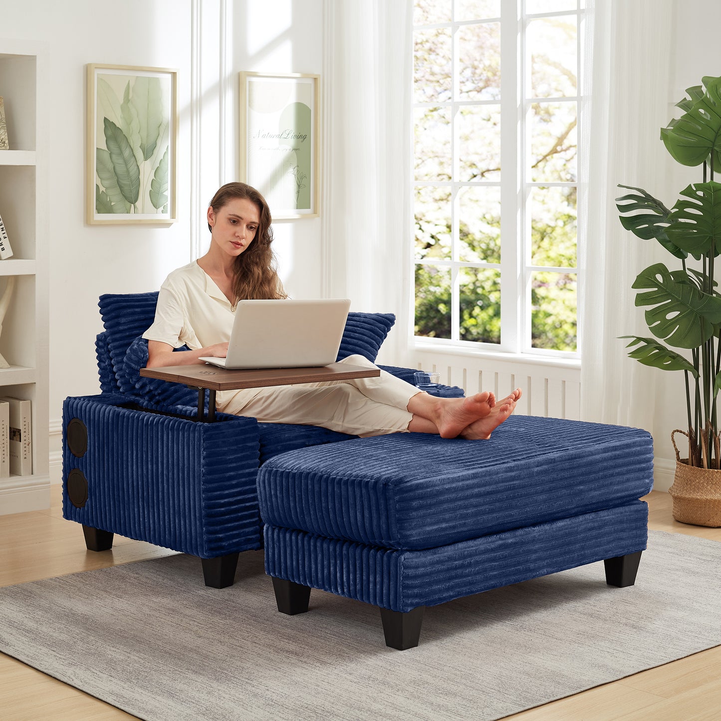 Fluffy Corduroy Storage Armrest Sofa,Single Versatile Seat with Ottoman,Cup Holder,Bluetooth Speaker,USB Ports,180°Rotating Table Board,For Living Room,Bedroom and Apartment