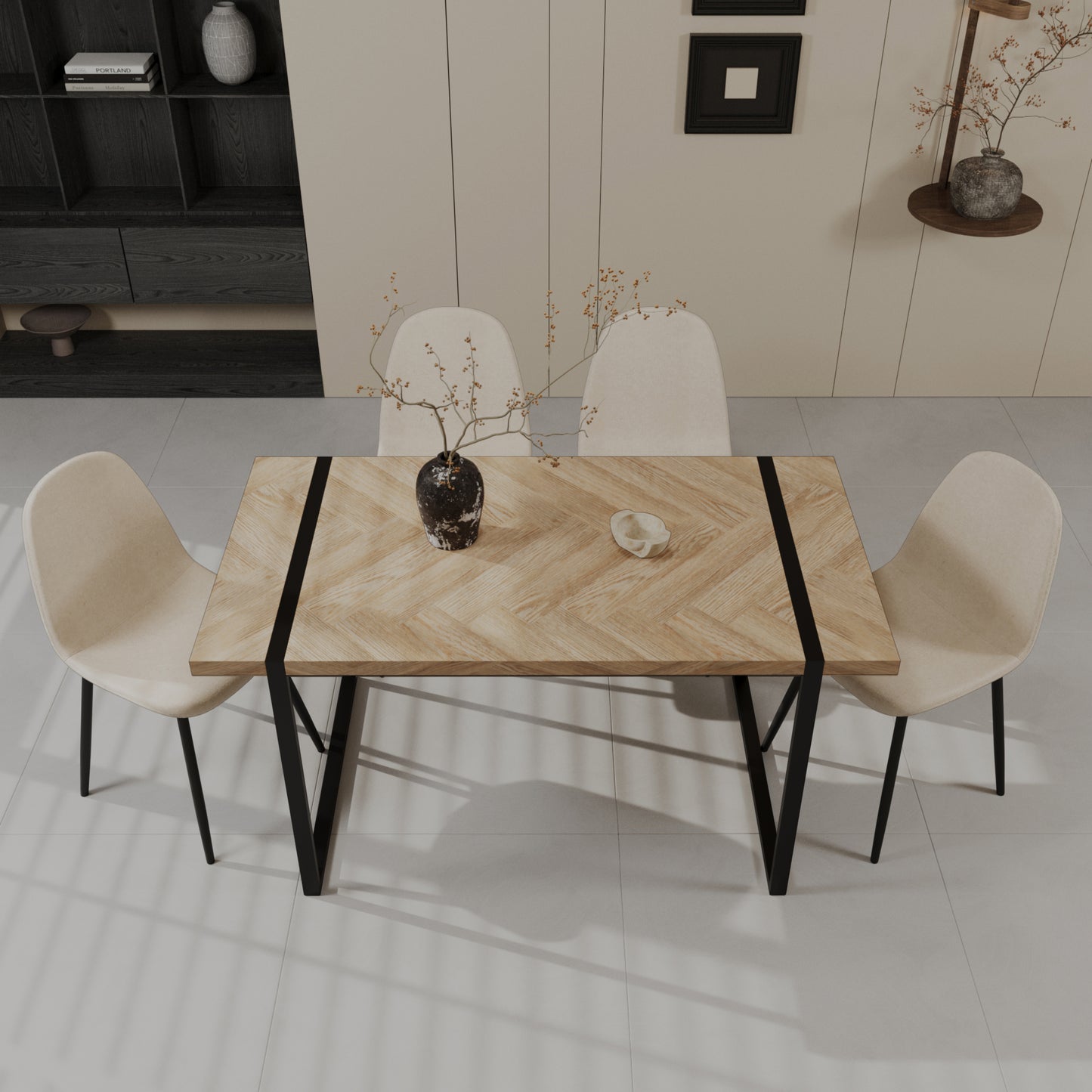 59" MDF light wood dining table and modern dining chair set of 4 pieces, medieval wooden kitchen dining table set, black rectangular metal base, dining table and suede chair set