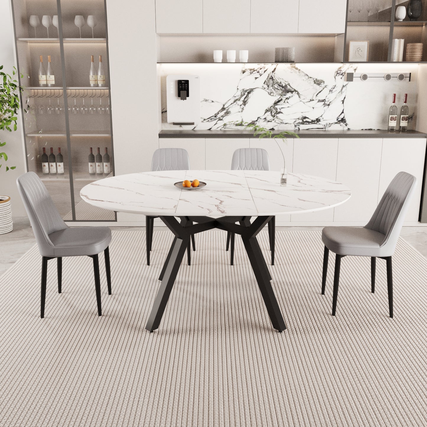 47-63" expandable circular dining tables , equipped with 4 PU fabric thick cushioned dining chairs and an elegant and spacious dining table, kitchen table and chair, with black metal legs