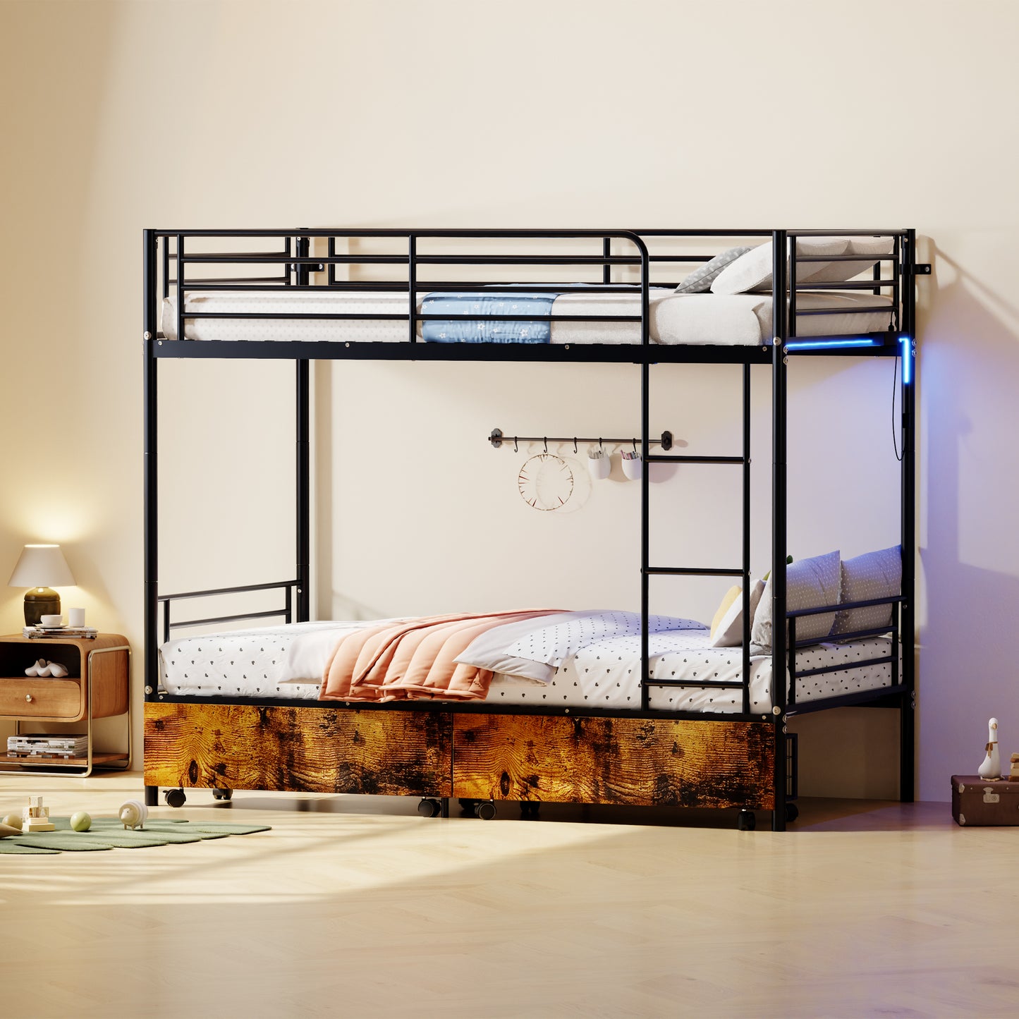 Bunk Bed with USB Charging Station, Able to Split, Metal Bunk Bed, Storage Space, Bed with Safety Guardrail & Ladders, No Box Spring Needed