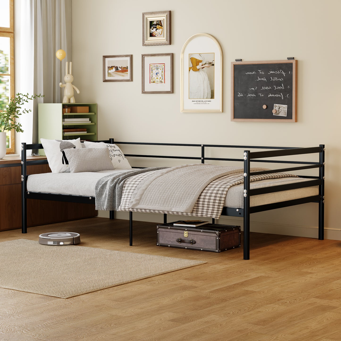 Children's loft bed, surround-around sofa-style metal bed, 11.8-inch safety guardrail, space-saving, black.