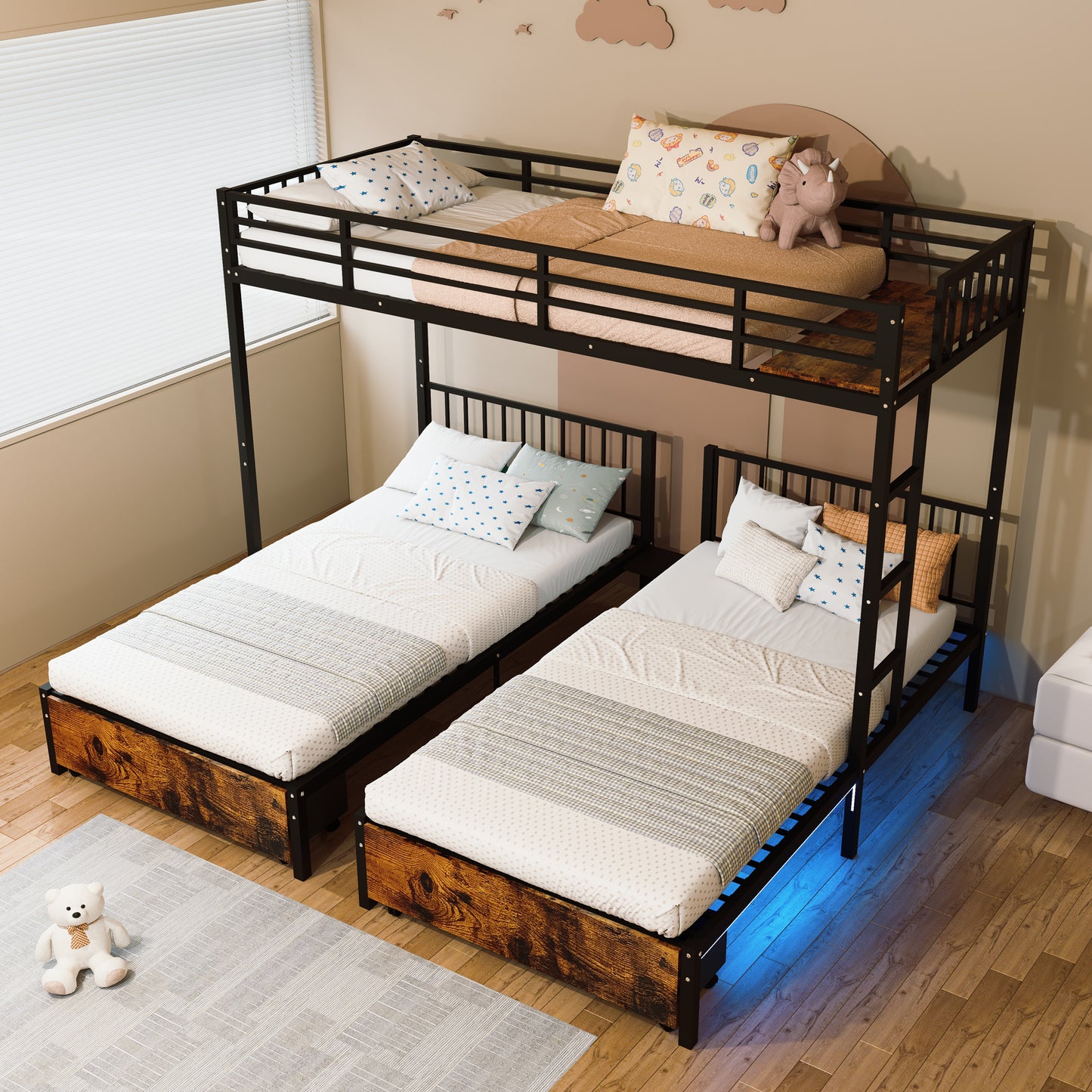 Triple Bunk Bed for Kids,3 Bed Bunk Beds for 3,Metal Triple Bunk Beds,Separates Into 3 Twin Beds,Noise Reduced Structure,BLACK