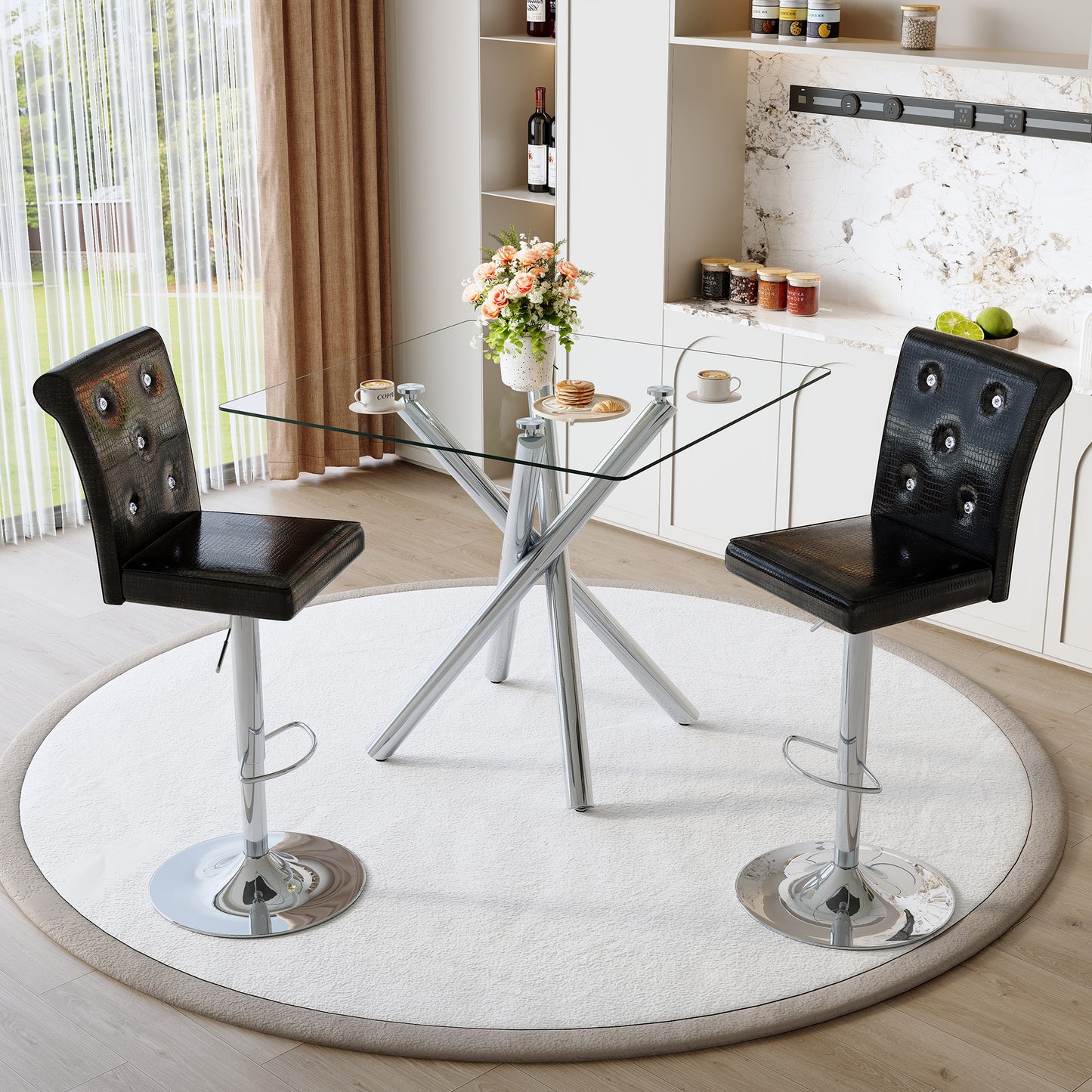 Modern Glass Bar Table and Adjustable Bar Stools Set of 2, Contemporary Counter Height Pub Table with Chrome Legs, Black PU Leather Swivel Bar Chairs for Kitchen Island, Home Bar, Small Space