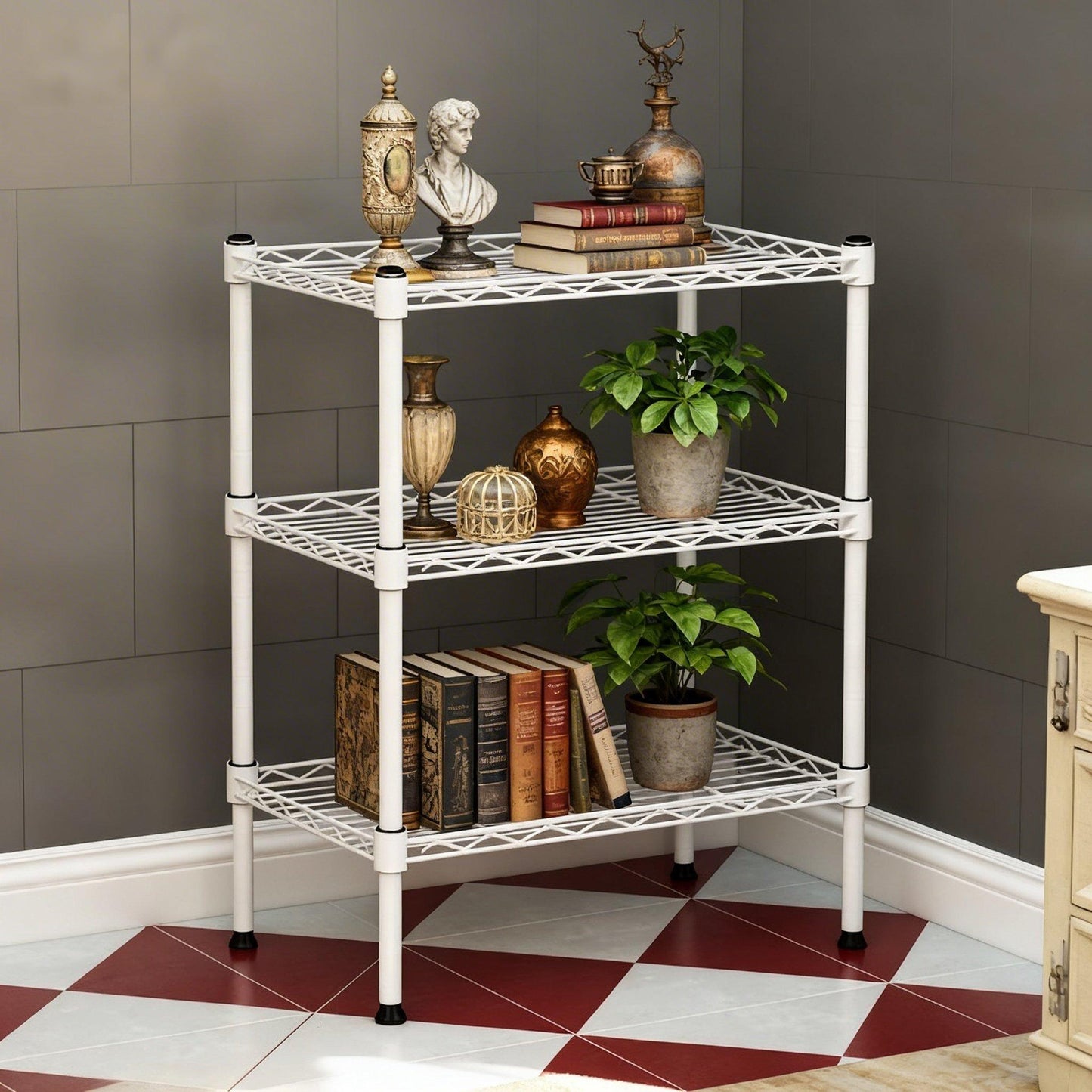 Multi purpose metal storage rack with 3 layers, Living Room Storage Shelf, Bathroom Towel Shelf, Laundry Room Organizer, Kitchen Pantry Rack save space, white color