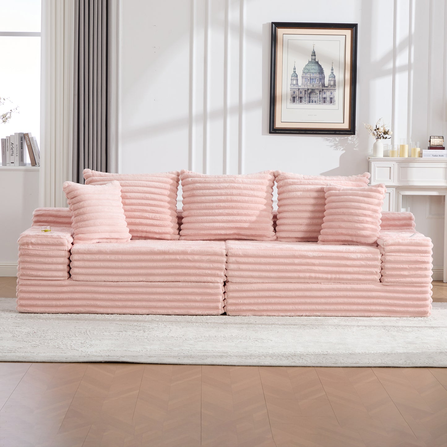 Oversized Boneless Four Seats Sofa with Cup Holder and Side Pockets, Upholstered Corduroy Sofa Bed Cloud Couch with 3 Pillows, 2 Lumbar Pillows.Living Room, Bedroom,No Assembly ,Breathable material