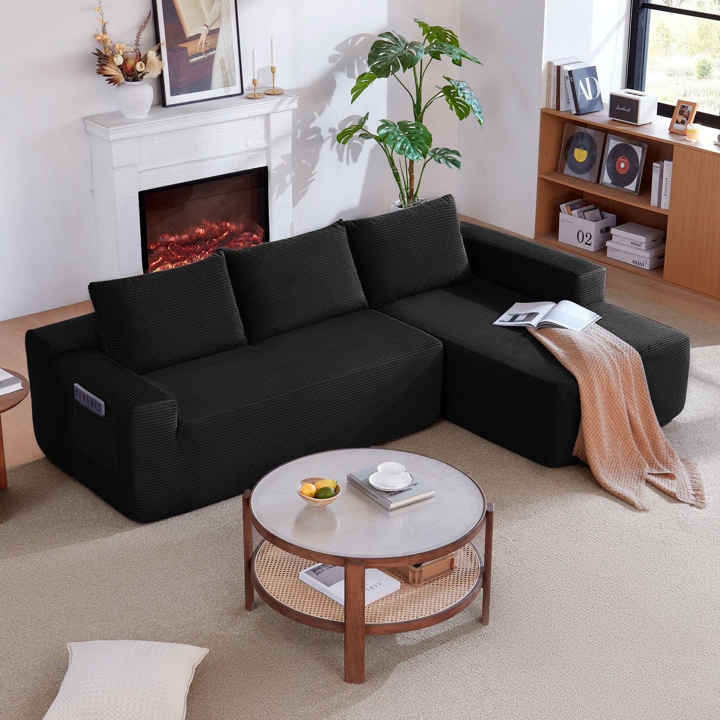 104" Cloud Sectional Sofa with L-Shape Chaise and Side Pockets , Modern Modular Design, with side pockets, Upholstered Couch for Living Room/Bedroom, No Assembly Required (CorduroyFabric),Black, Right