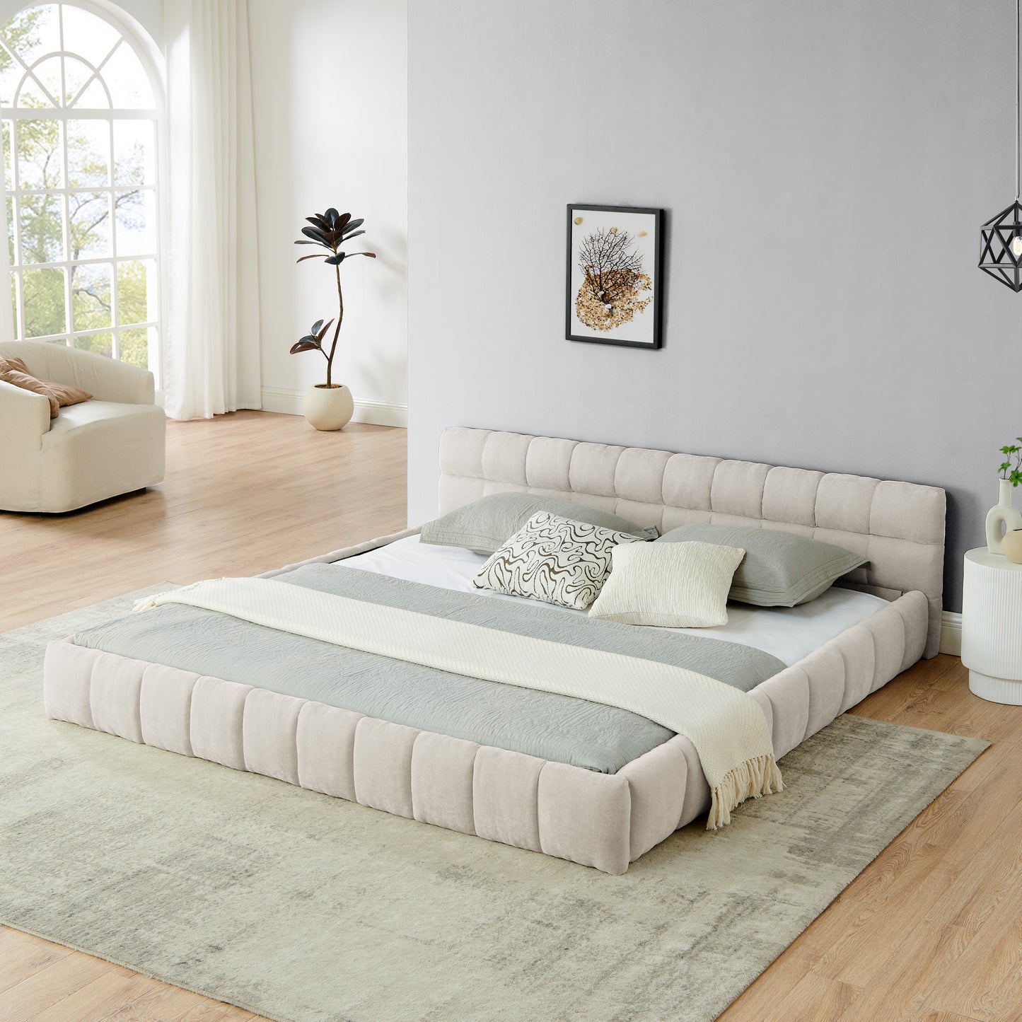 King size Upholstered Bed Frame with Thick Fabric, Chenille Fabric Grounded King Size Platform Bed with Headboard and Solid Frame. No Box Spring Needed-Beige(88.5''*85.5''*24'')