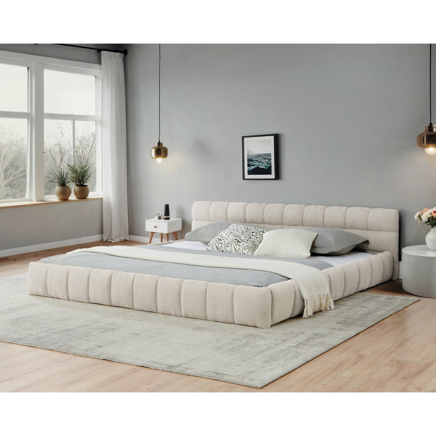 California King size Upholstered Bed Frame with Thick Fabric, Chenille Fabric Grounded California King Platform Bed with Headboard and Solid Frame. No Box Spring Needed-Beige(90.5''*80.5''*31'')