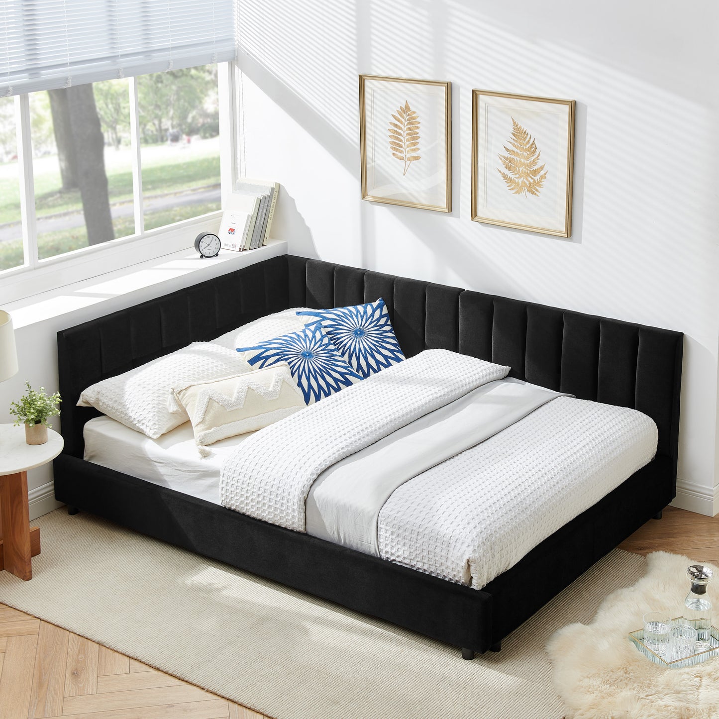 Full Size Upholstered Tufted Bed Frame, Sofa Bed Frame with Comfortable Backrest and Armrests, Full Size Bed for Bedroom, Living Room,Velvet-Black(81''*60''*29.5'')