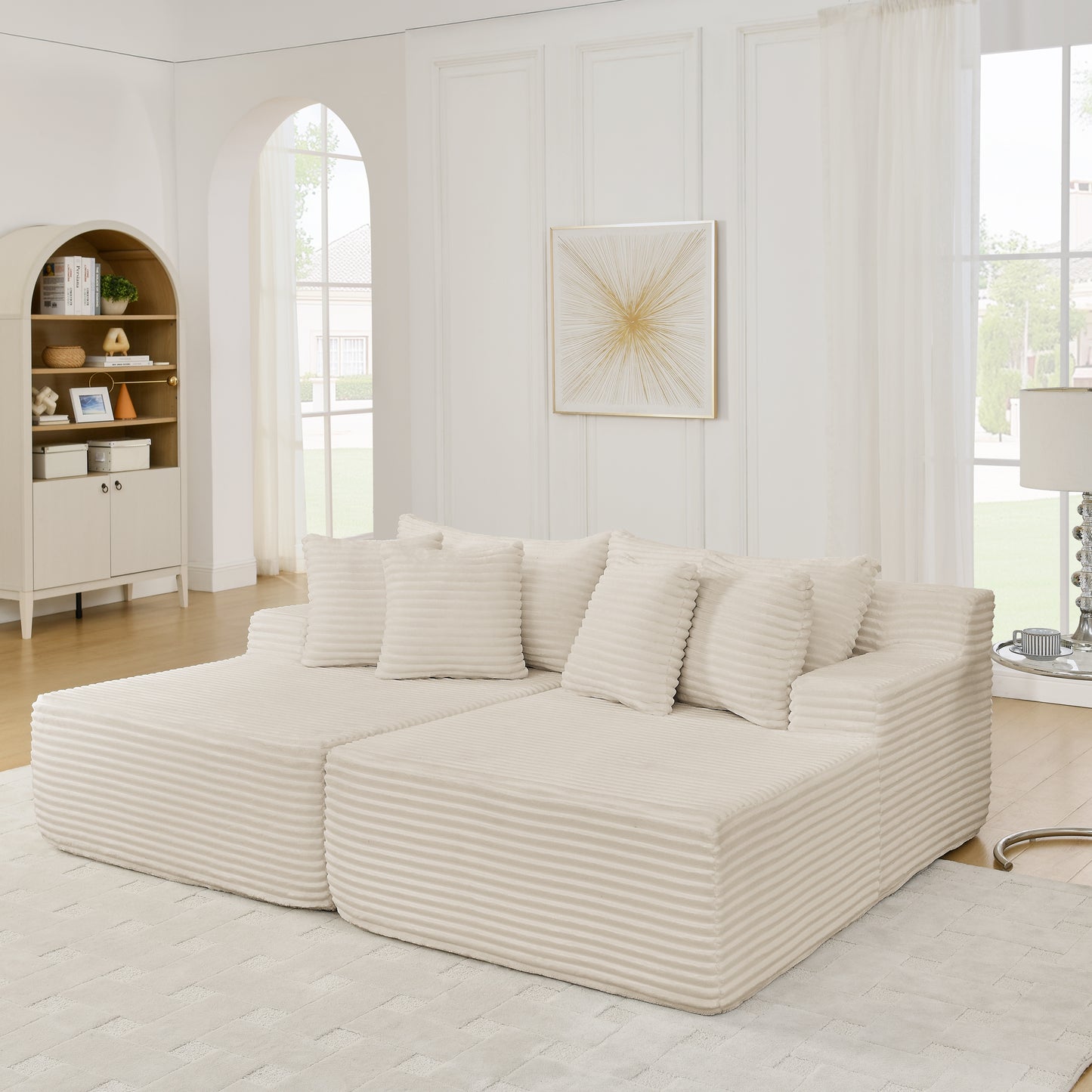 Two-seater lazy sofa lounge chair,Compressed sofa no assembly required, made of velvet fabric, fluffy modern lounge chair, used for indoor living rooms and bedrooms-Beige