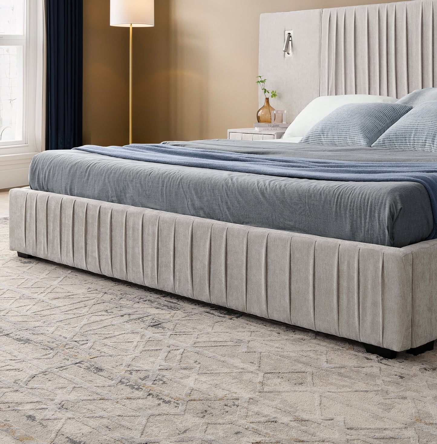 Queen Foam Bed Frame Beige Pleated Headboard for Bedroom