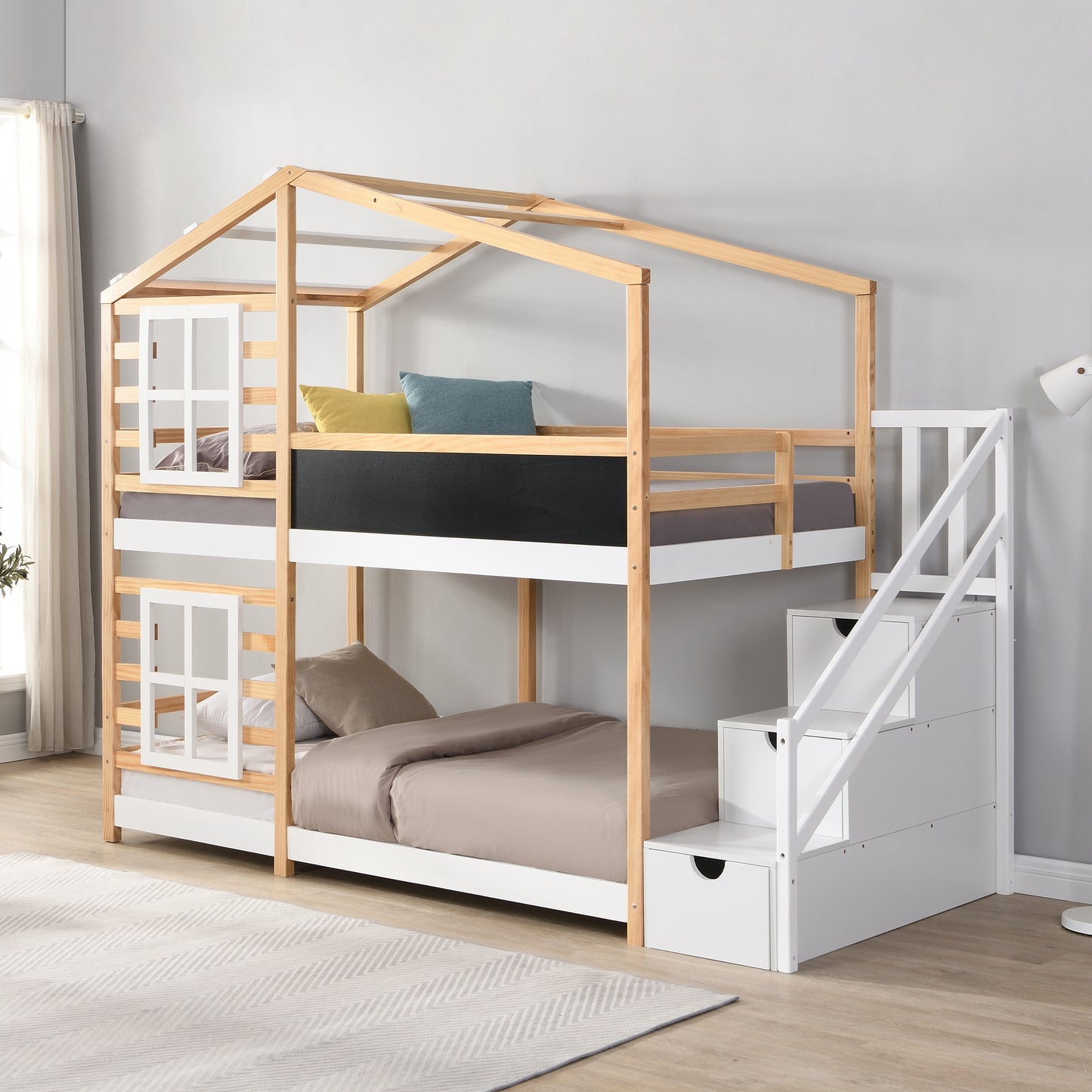 Twin over Twin Bunk Bed House Bed With Roof Windows Blackboard And Storage Ladder Platform Bed,bed Frame