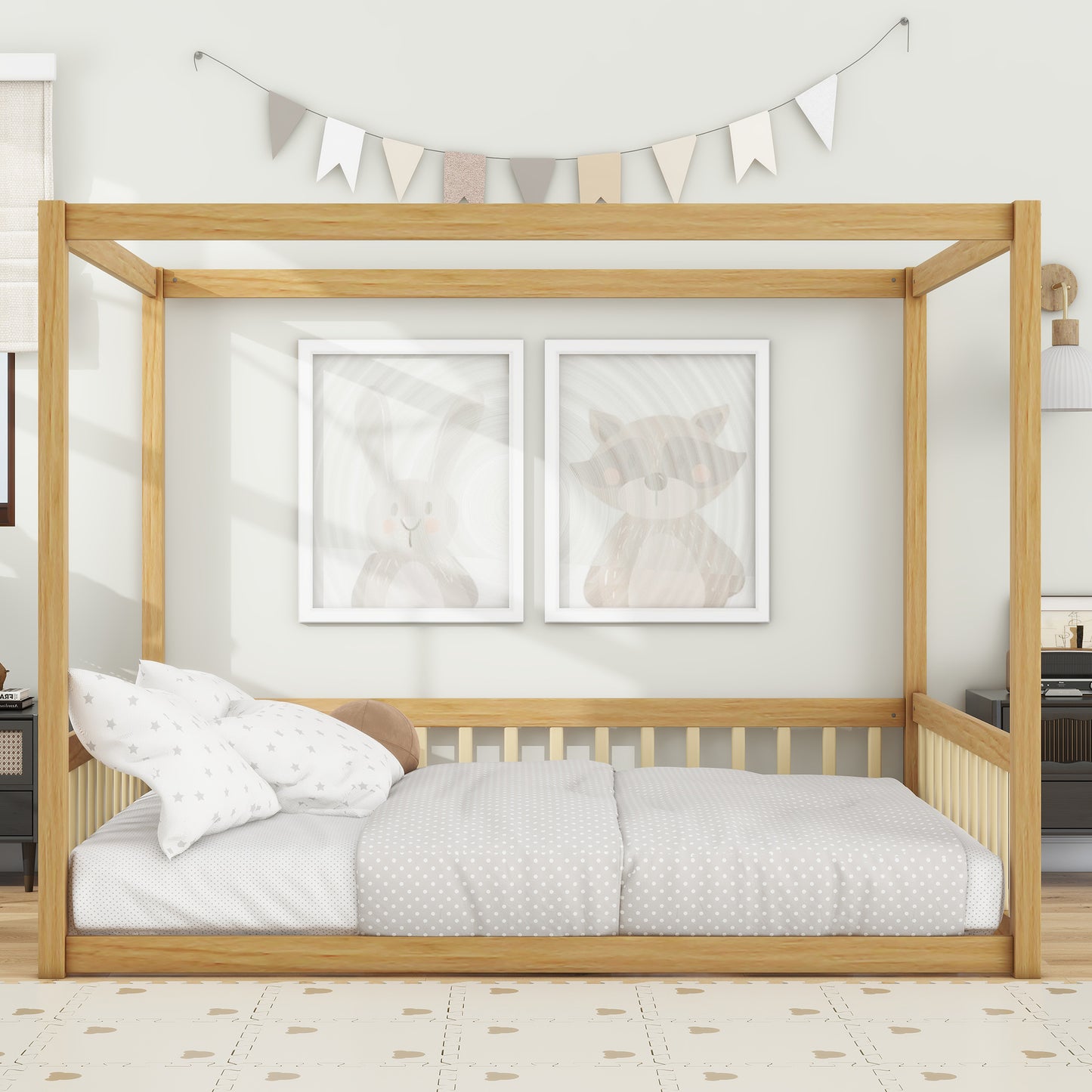 Full Size Canopy Frame Rubber Wood Floor Bed with Fence,Guardrails,Natural (Old Sku:W504P143283)