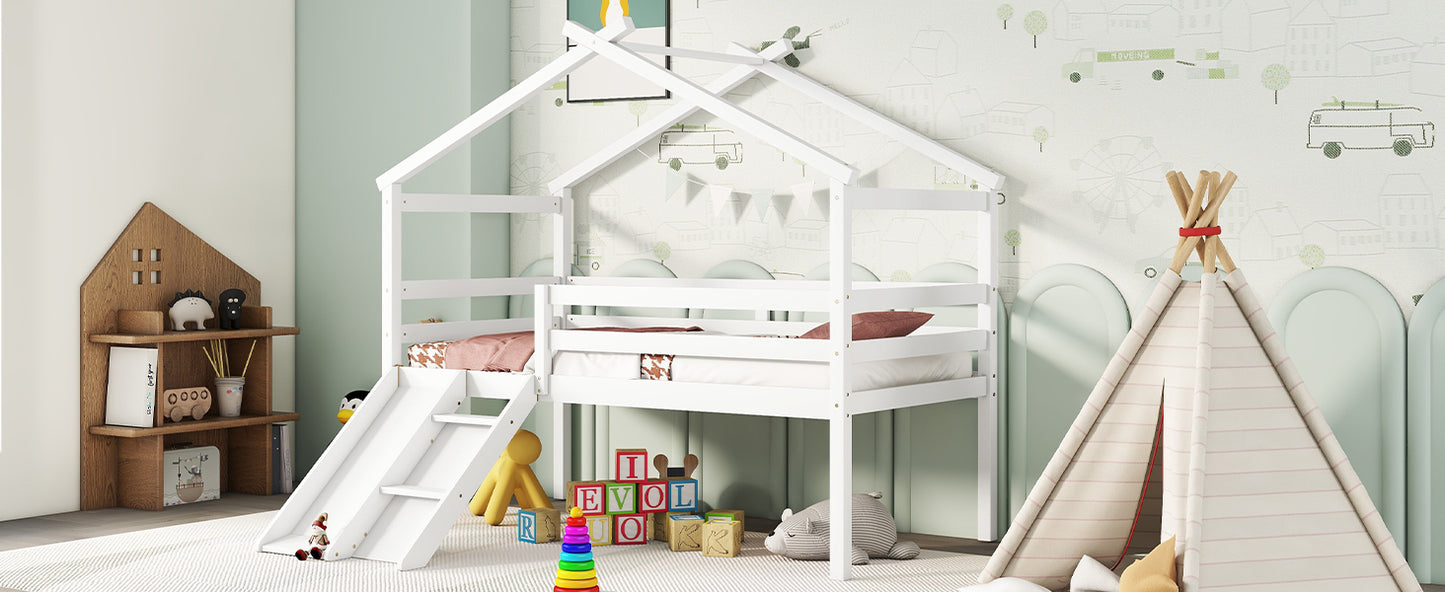 Twin Low Loft Bed with Slide – White Pine Frame