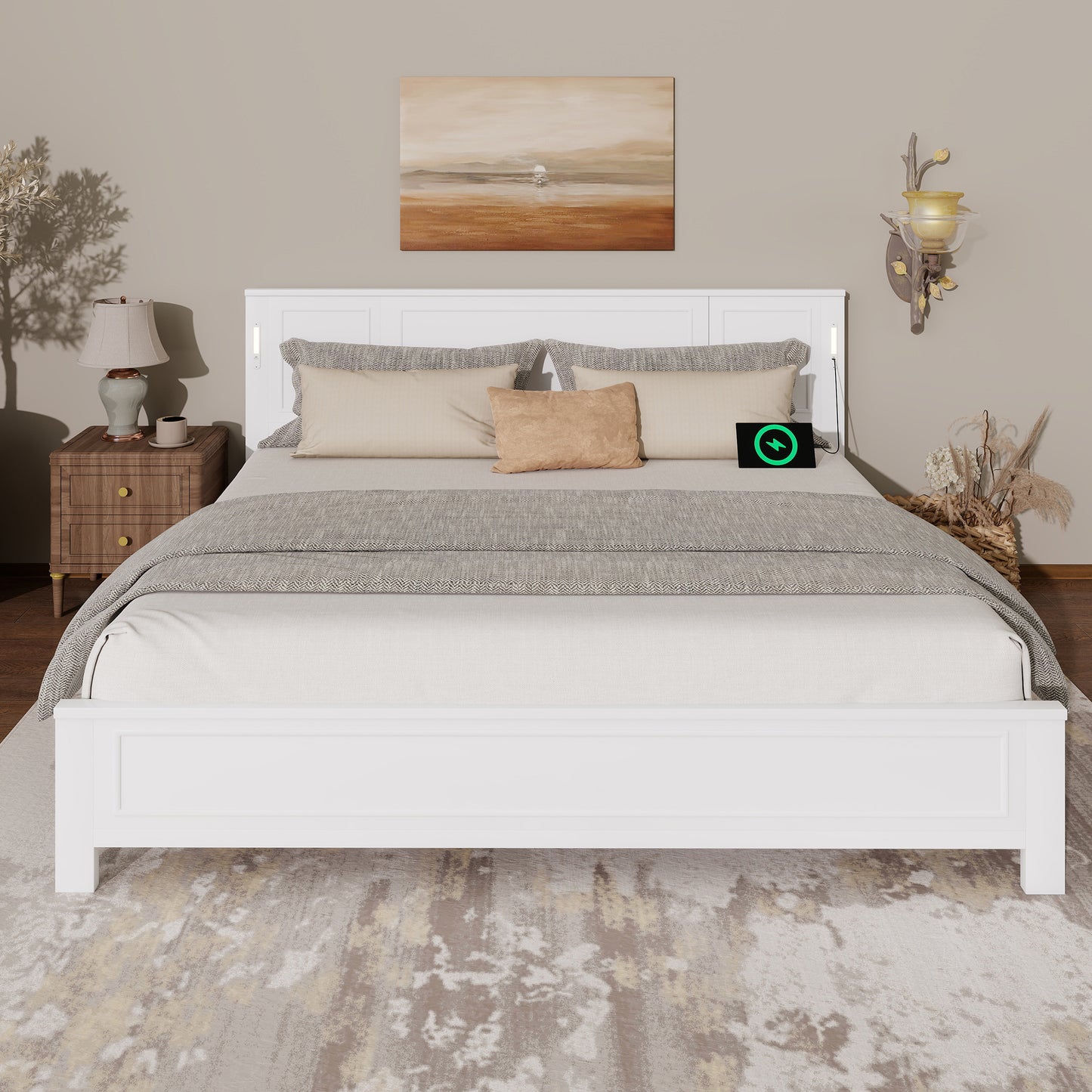 King Size Bed with Tall-Panel Headboard & Footboard, Built-in LED Lights, USB Charging Station, Pinewood Bed with Strengthened Bed Frame ,White