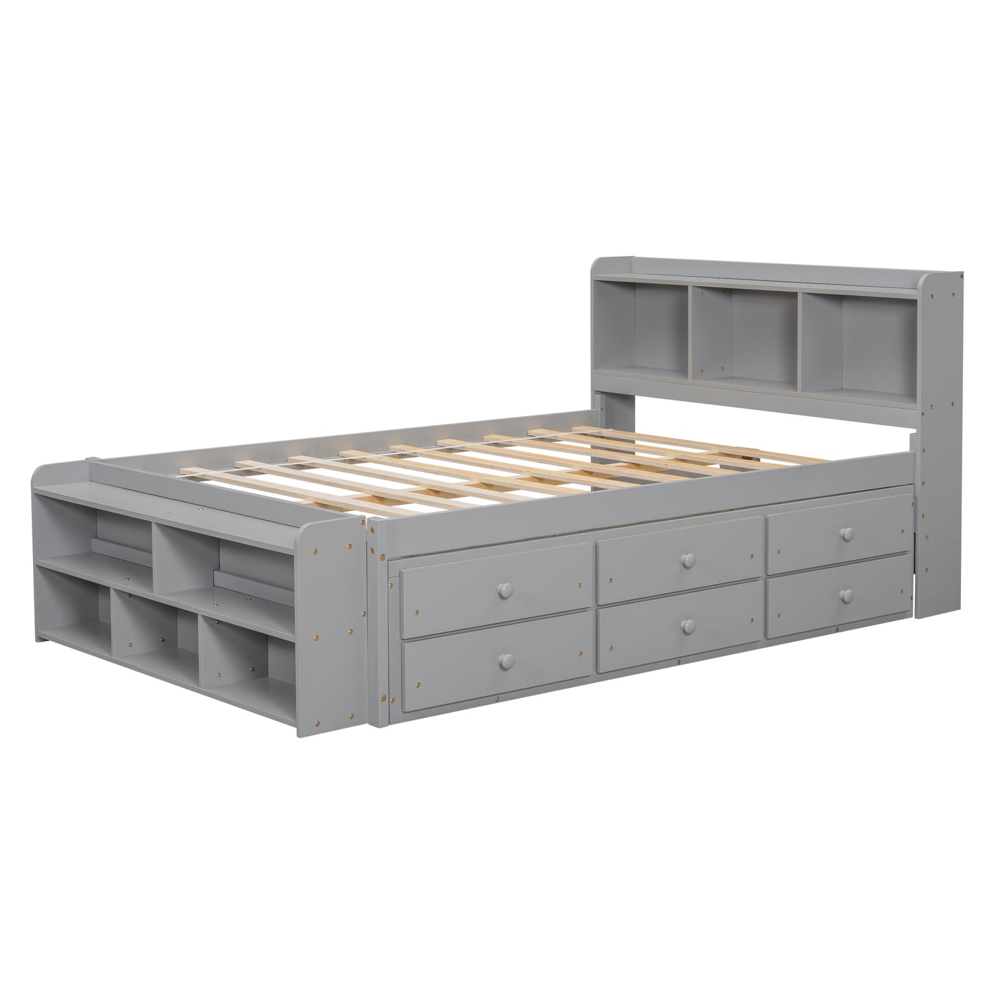 Full Size Grey Pine Bed with Storage Headboard for Bedroom