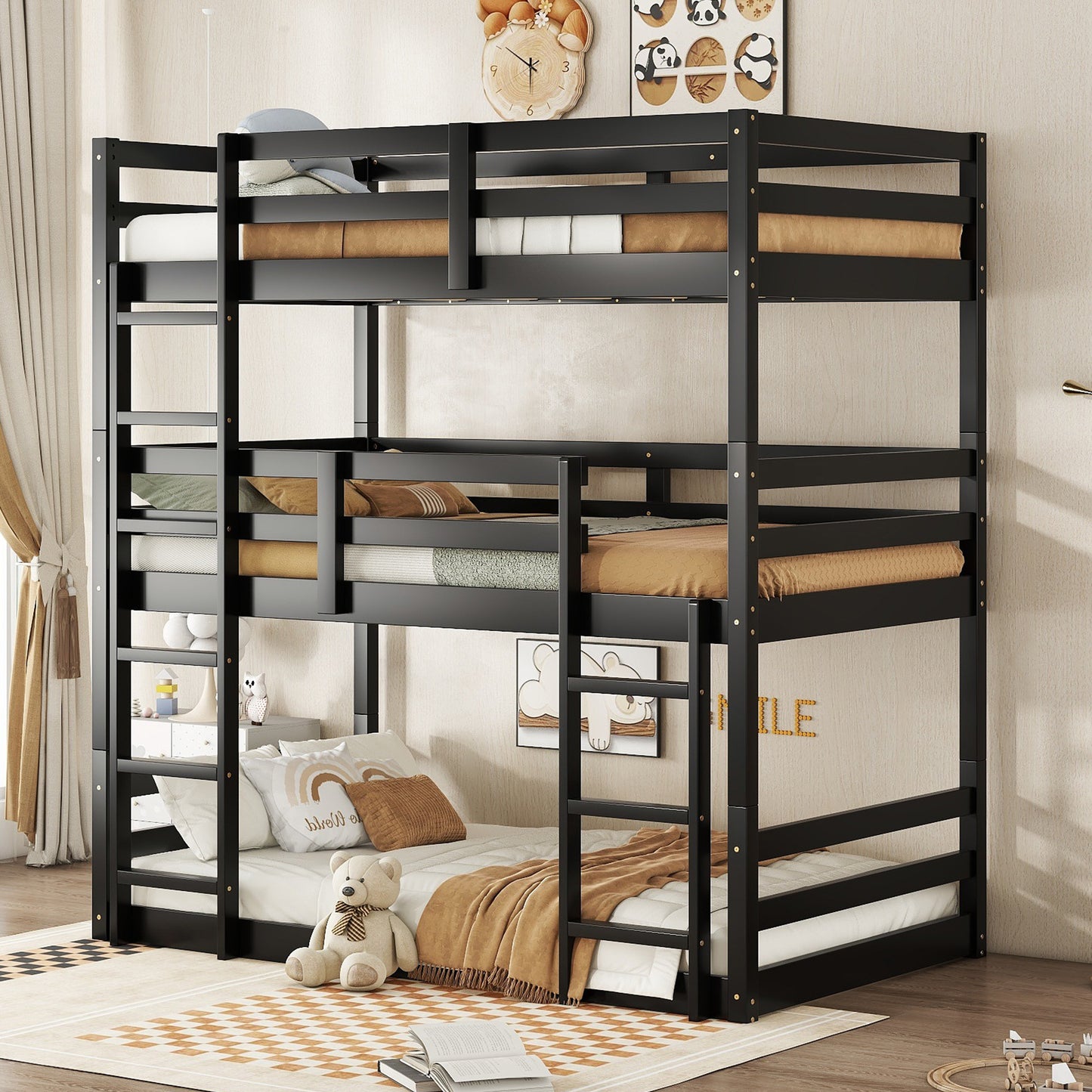Black Rubber Wood Triple Bunk Bed with Ladders and Guardrails for Bedroom