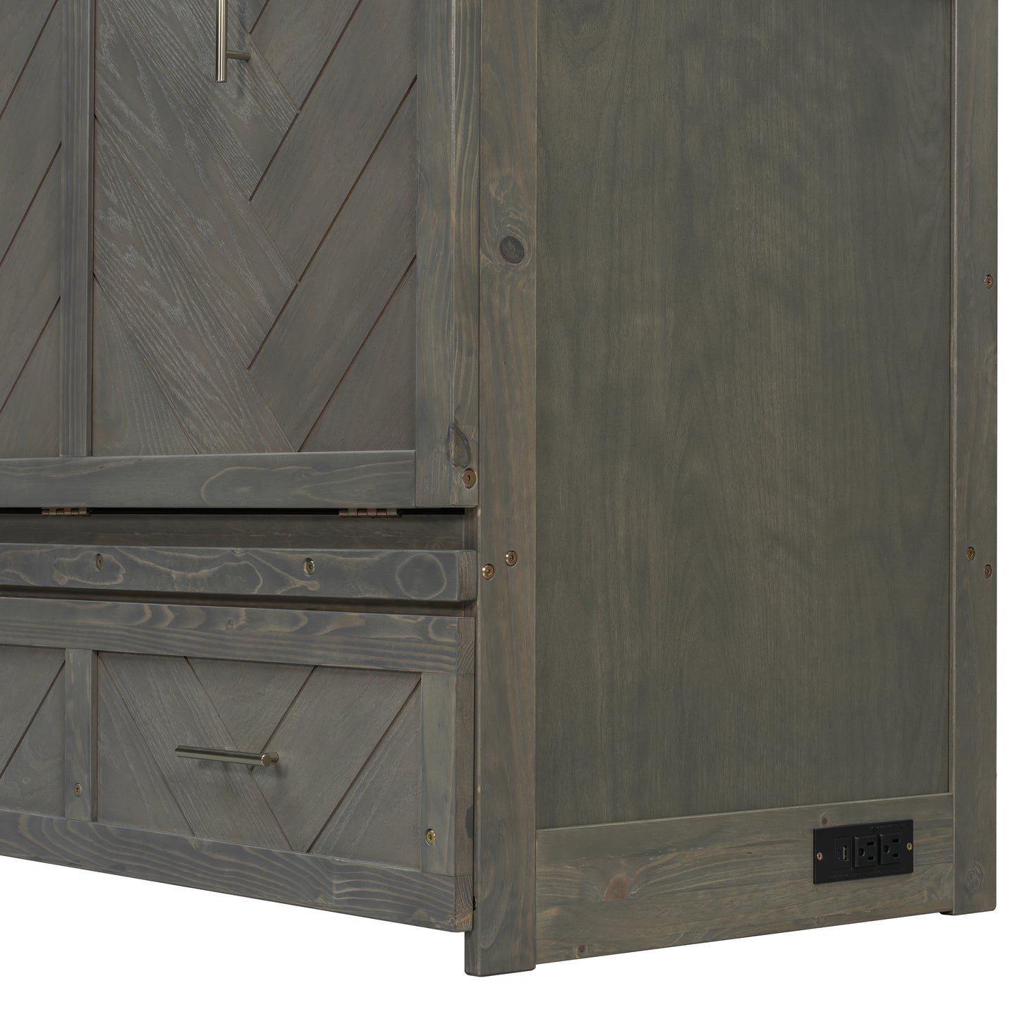 Antique Grey Pine Queen Murphy Cabinet Bed with USB Charging for Bedroom
