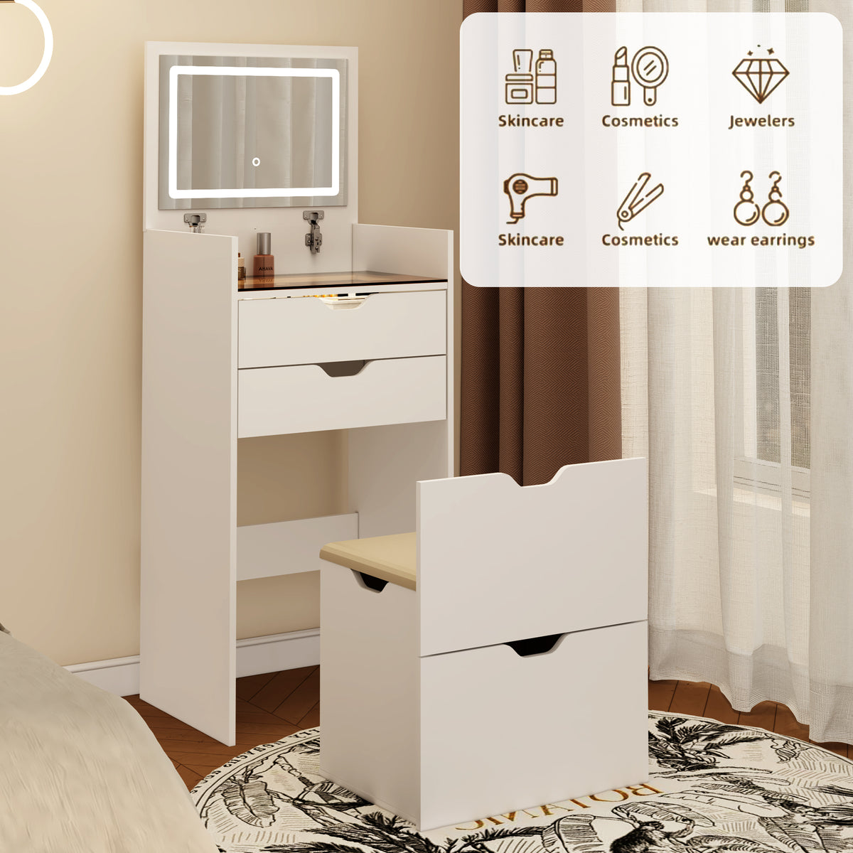 White Bedroom Makeup Vanity with 3 Drawers & Stool