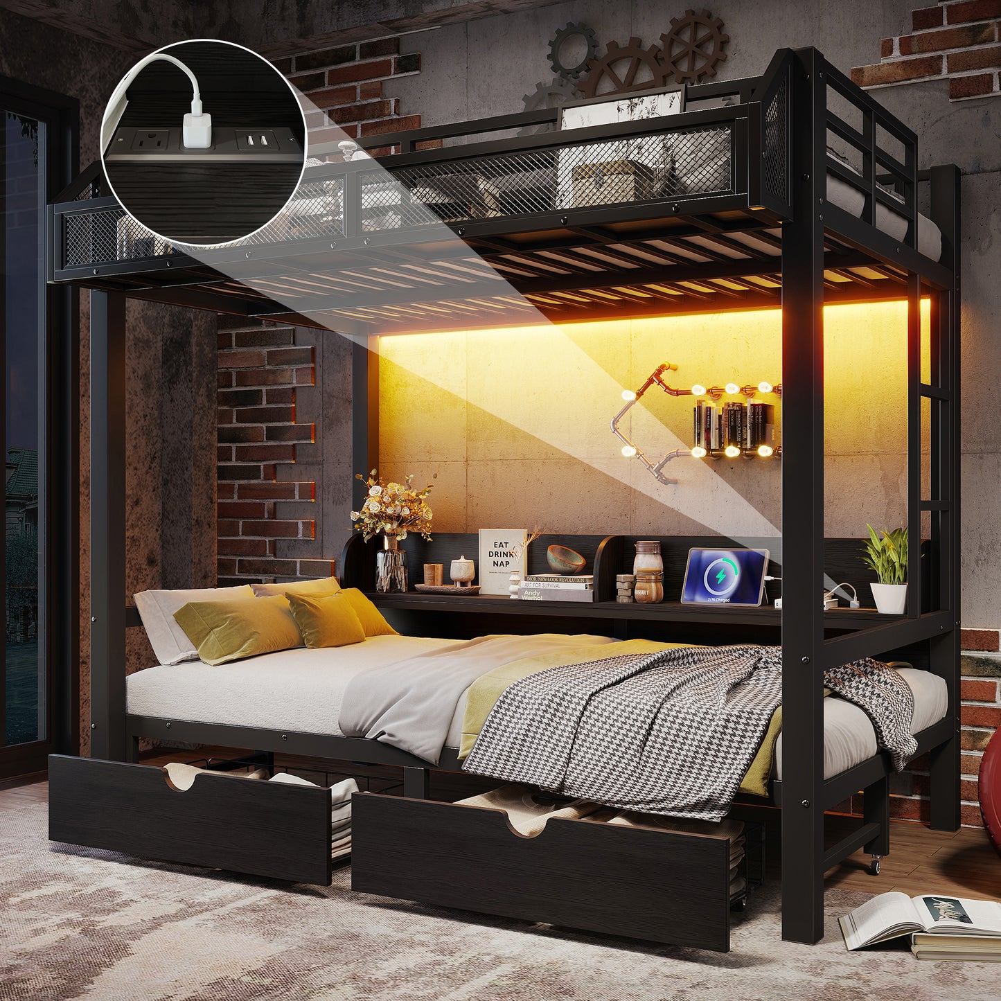 Twin over Twin Bunk Bed with Storage Shelves and Drawers,Multifunctional Metal Bunk Beds with USB Ports and LED Lights, Lower Bed that can be converted into a sofa, Black