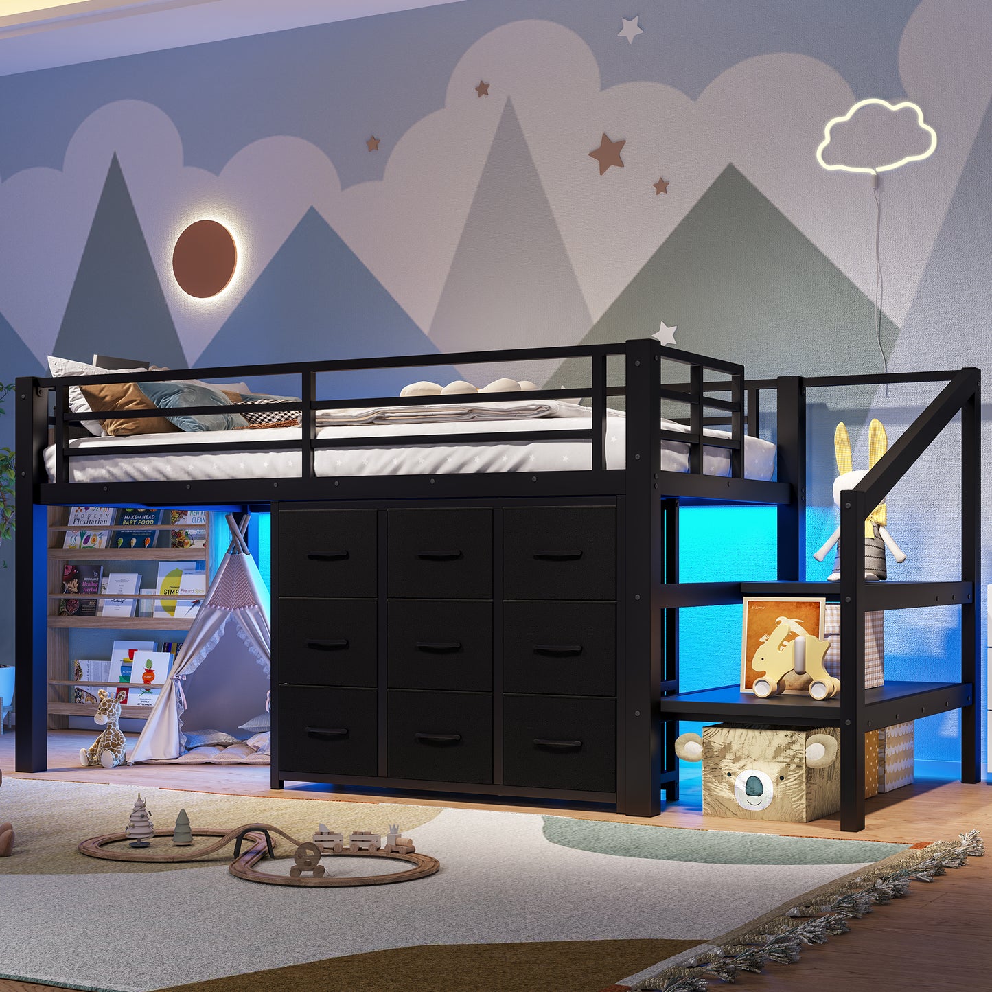Twin Low Loft Bed with Multi-Storage Spaces, Including Fabric Drawers, Fabric Shelves Beside the Bed, Storage Stairs, Metal Loft Bed with Lights and Ample Under-bed Spaces, Black
