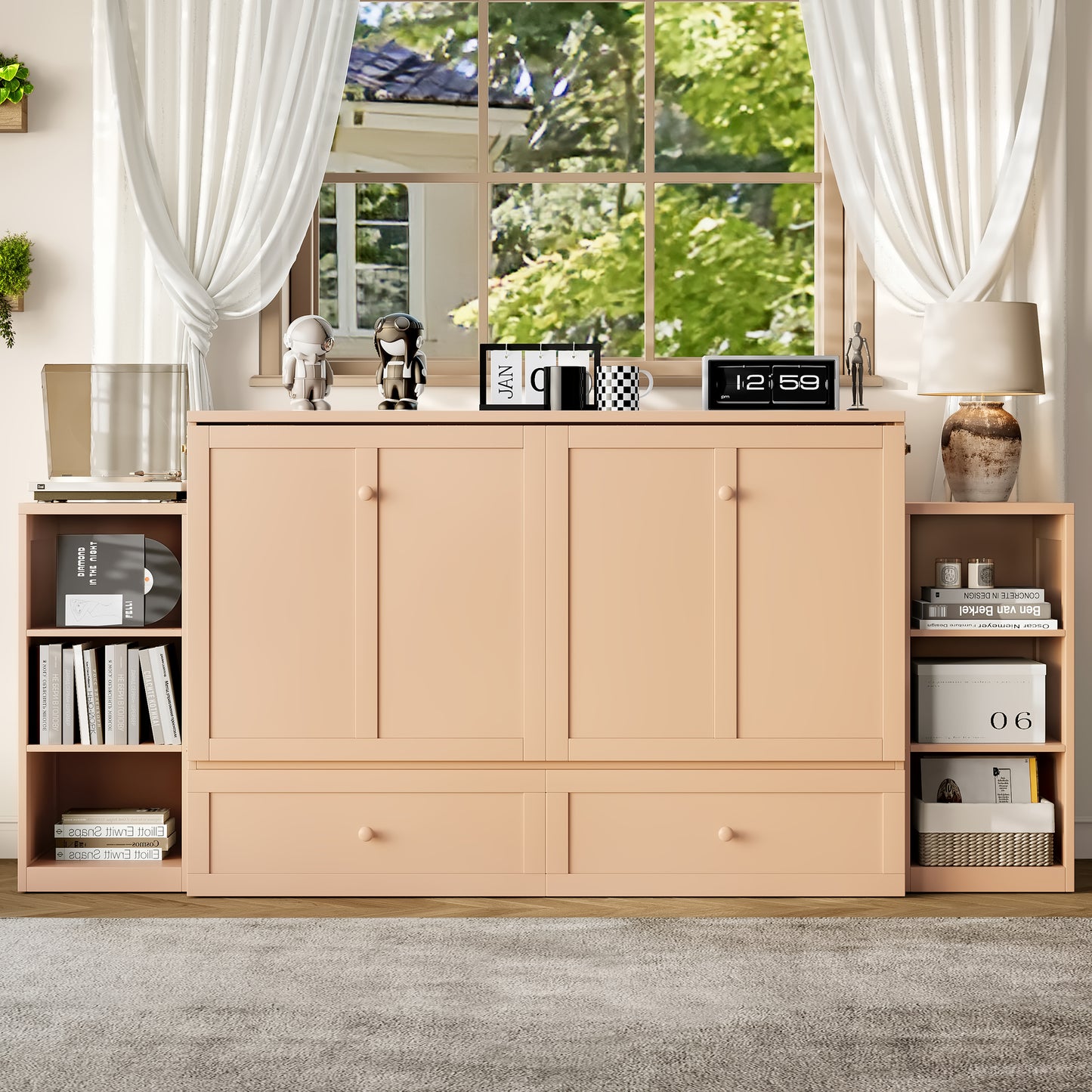 Queen size Murphy bed with spacious storage drawers and shelves, Ideal for guest rooms or compact bedrooms,Golden