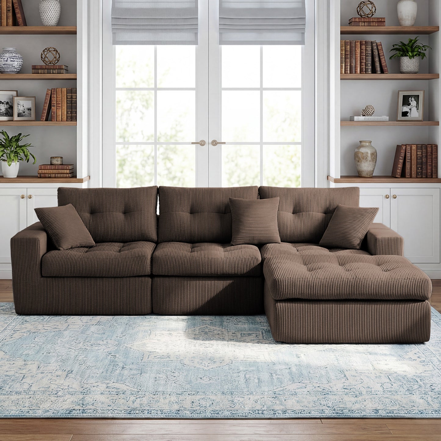 Corduroy Corner Chaise Compression Sofa Bed, L-Shaped Sectional Couch with High-Density Sponge, No-Assembly Required Convertible Sofa for Living Room, Apartment, Guest Room(Brown)