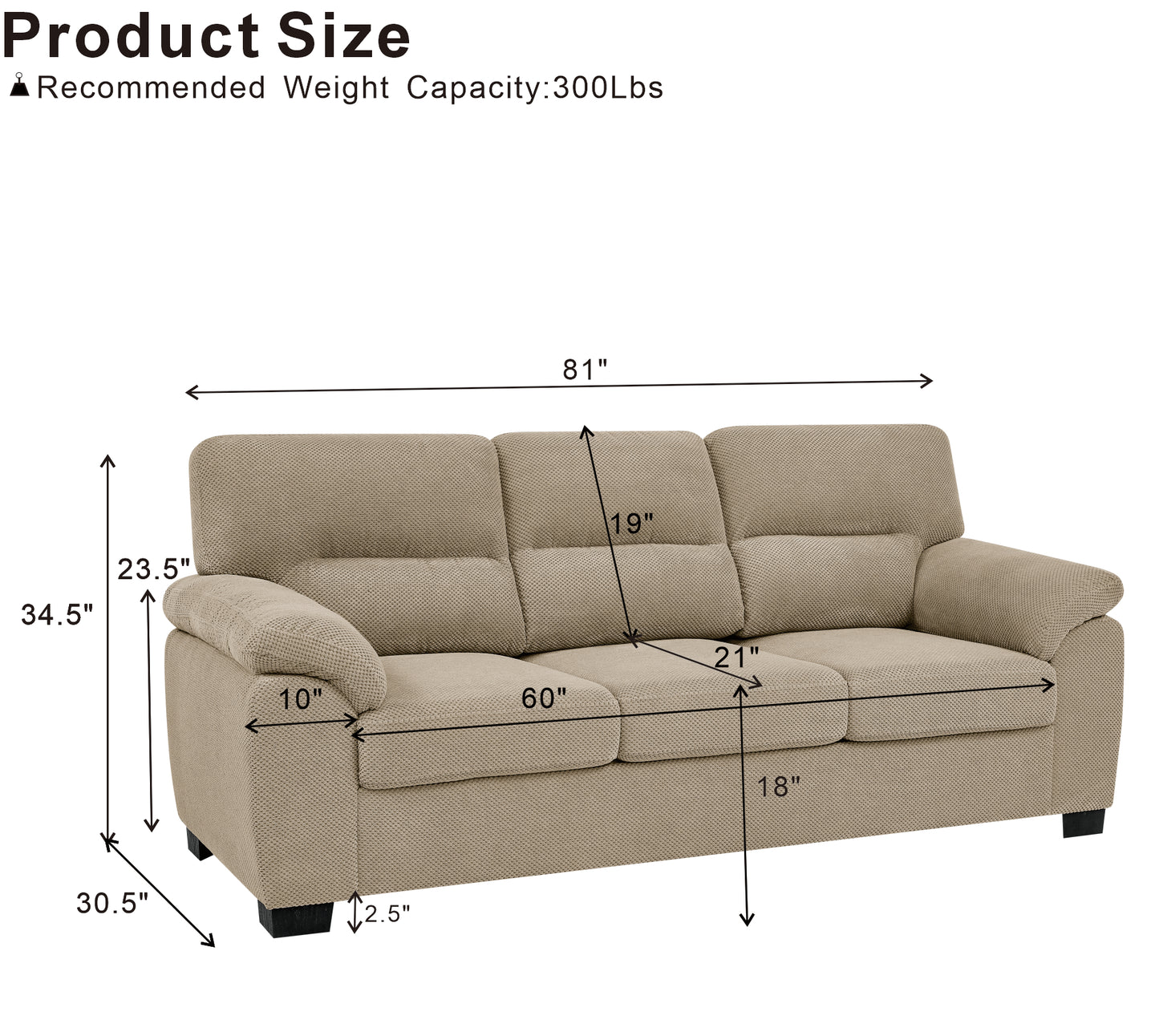 Camel Sofa - 3-Seat Contemporary Couch