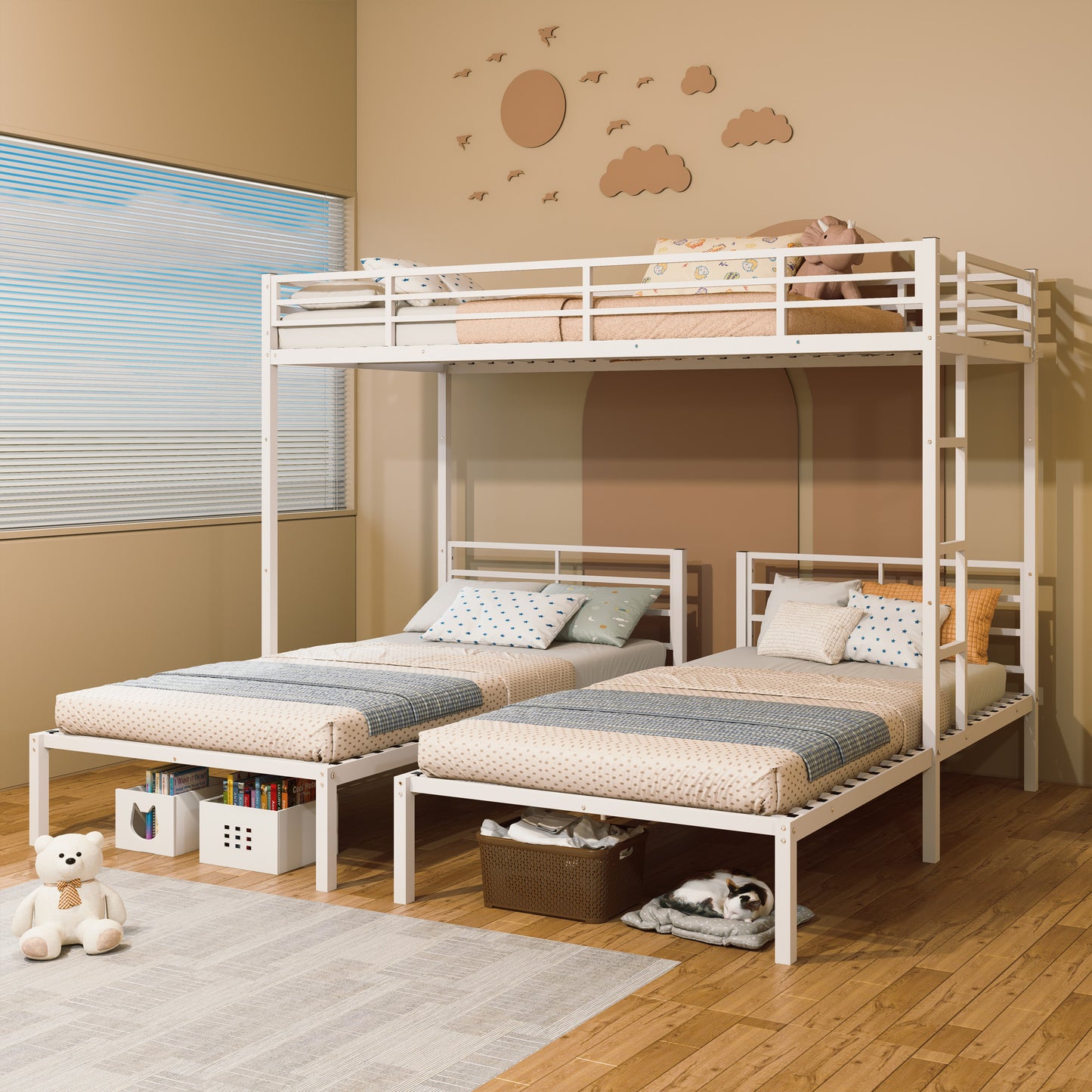 Triple Bunk Bed for Kids,3 Bed Bunk Beds for 3,Metal Triple Bunk Beds,Separates Into 3 Twin Beds,Noise Reduced Structure,White