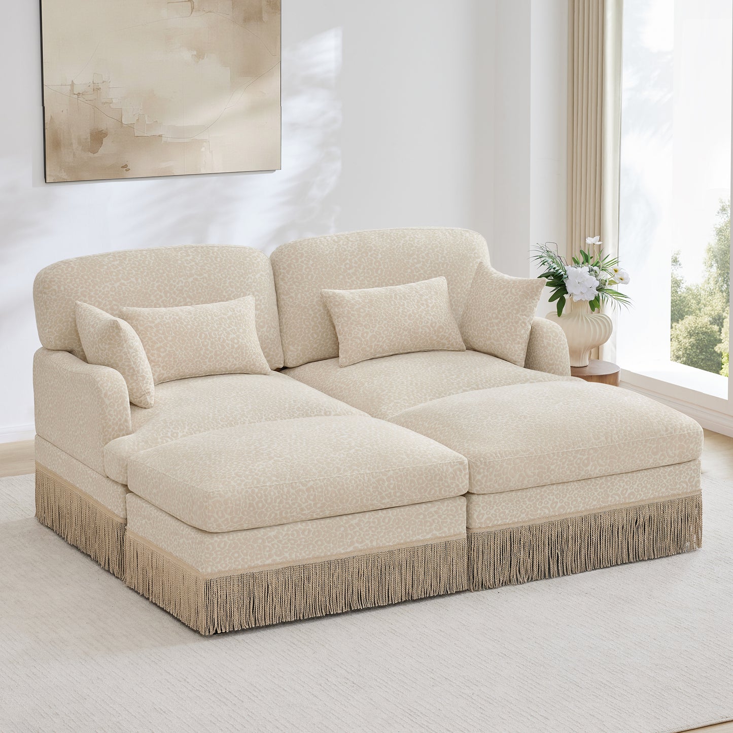 Comfy Chenille Leopard Printing Loveseat Sofa,Delicate Tassel Edge,Movable Ottomans,Modern Fashion Style,Ergonomic Back and Seat Design,Easy Assembly,Deep Seat Couch for Living Room,Beige Coffee