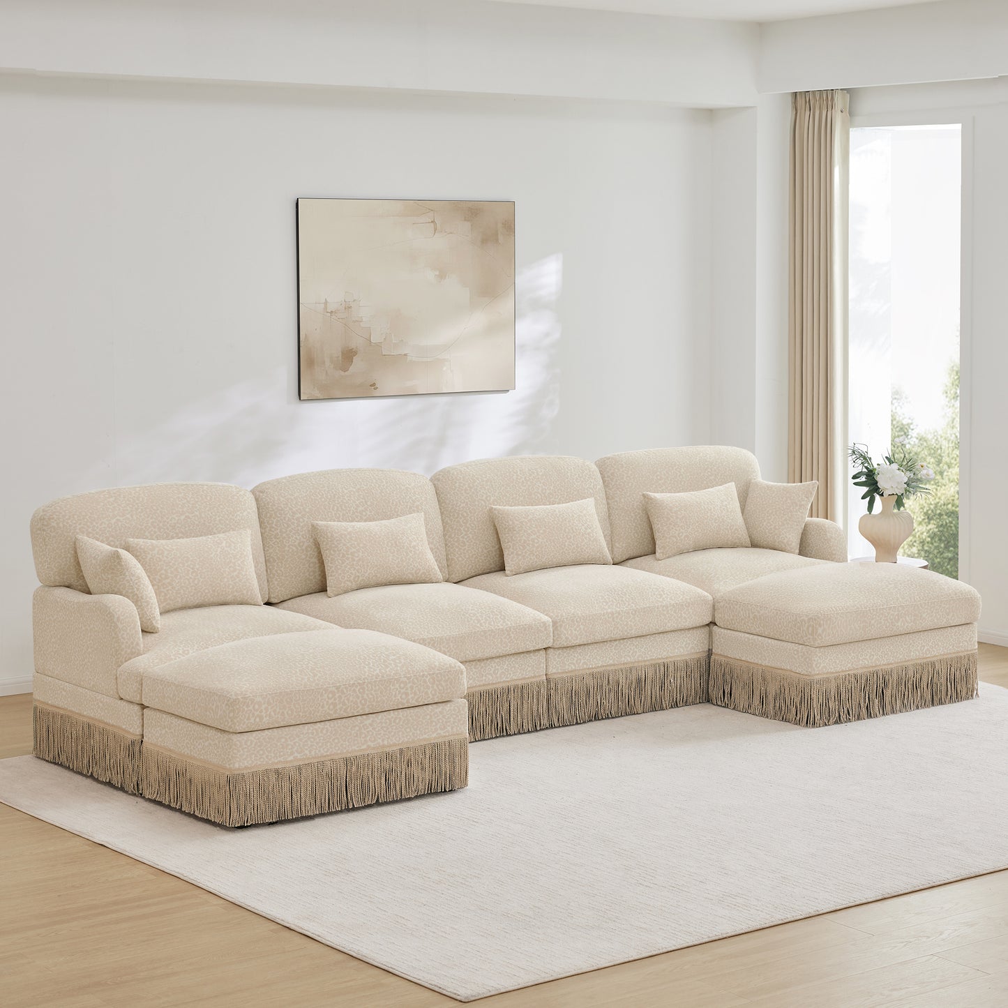 131"Comfy Chenille Leopard Printing U-Shaped Sofa,Delicate Tassel Edge,Movable Ottomans,Modern Fashion Style,Ergonomic Back and Seat Design,Easy Assembly,Deep Seat Designfor Living Room,Beige Coffee