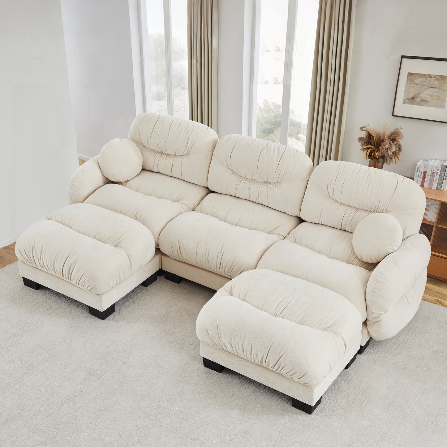 Pleated Design Cozy Chenille Fabric 3 Seater Modular Sofa with High-Density Ergonomic Foam Seat, U Shape Sectional Couch with 2 Ottomans, Curved Round Armrests and 2 Round Throw Pillows,Beige