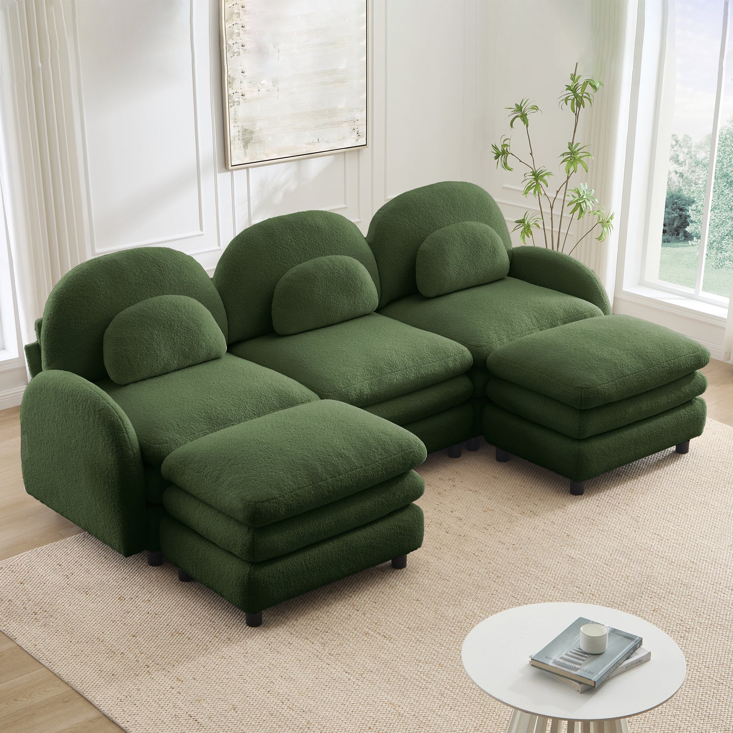 Teddy Fabric Cloud-like 3-Seat Sofa,Curved Backrest and Armrest with Curved Lumbar Pillows, Sectional 3 Seater Modular Couch with 2 movable Ottomans and Supportive Double-layer cushion, Green