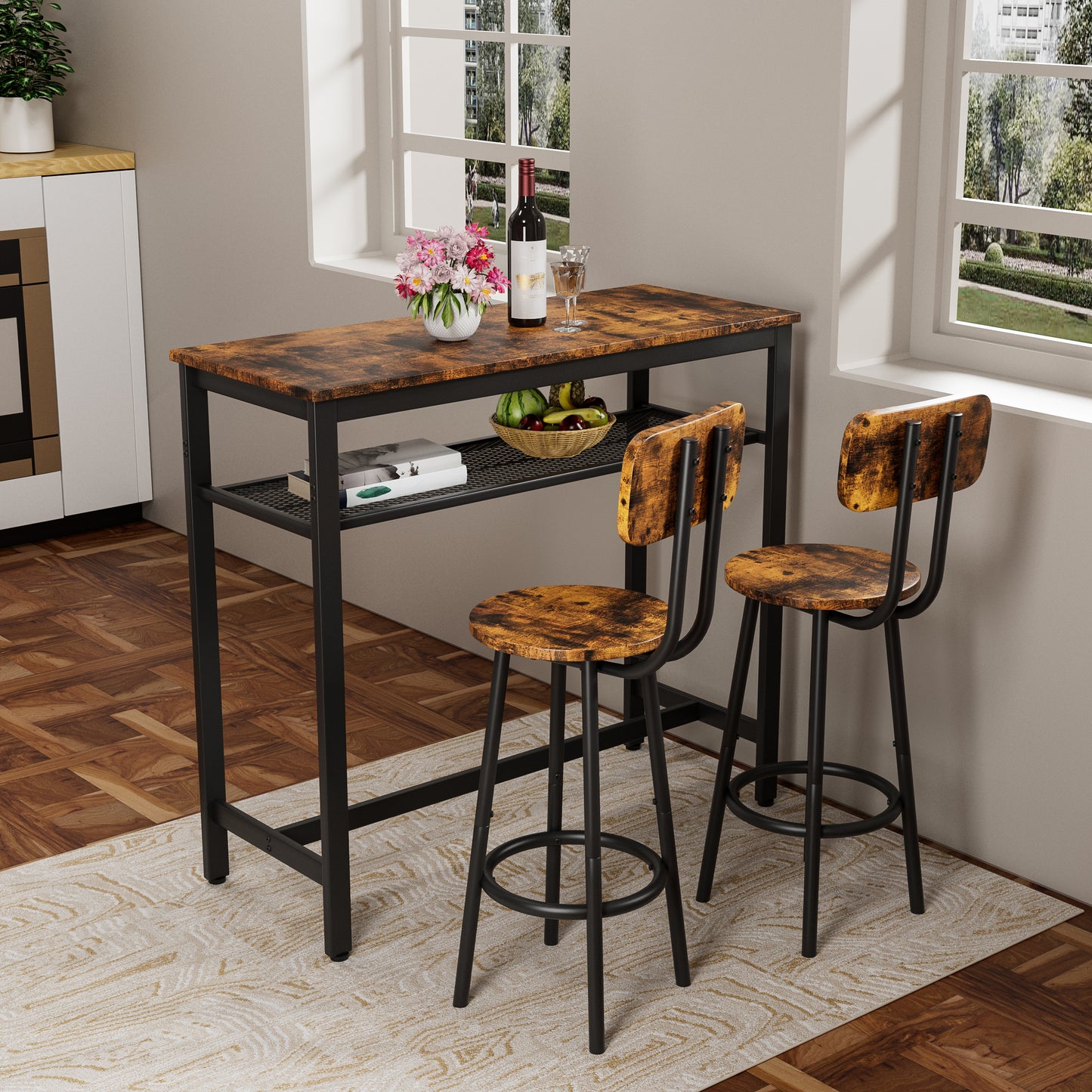 Bar table, equipped with 2 bar stools , with backrest and partition (Rustic Brown)