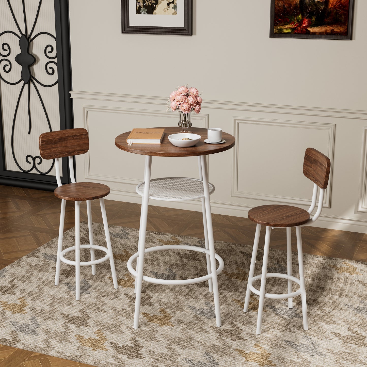 3-Piece Bar Table Set with 2 Bar Stools – Modern Pub Table with Backrests & Storage Shelf