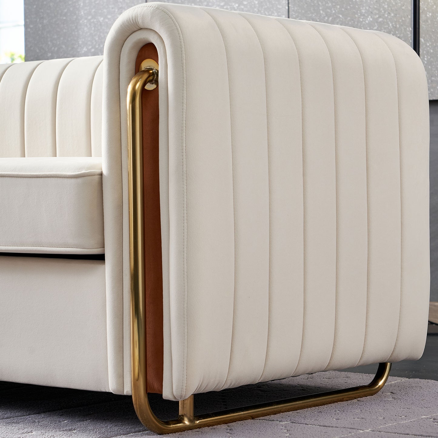 Beige Velvet Sofa Couch - 84'' Modern Style for Living Room