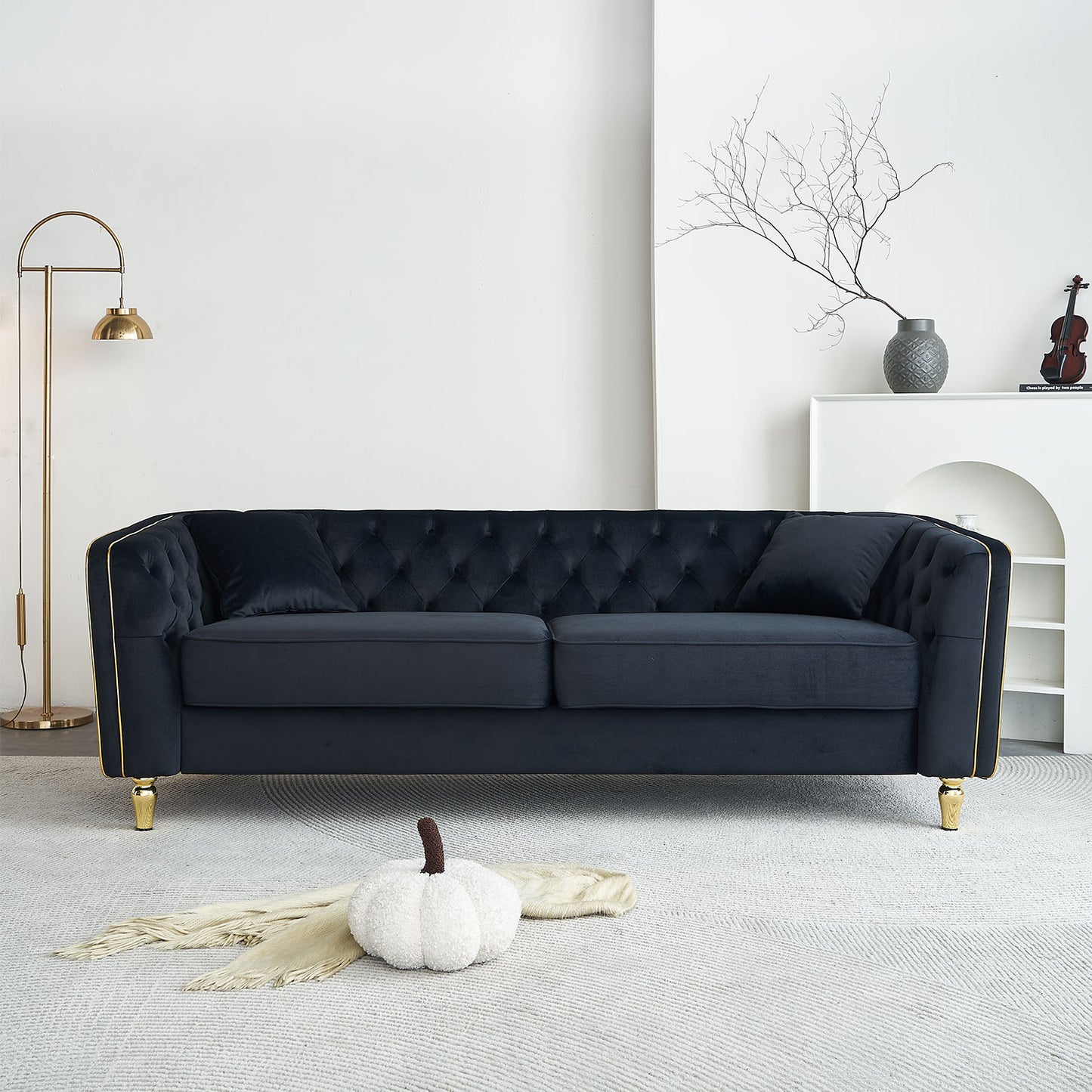 87.01"W Modern Tufted Velvet Sofa ,Stylish and Comfortable for Living Room Sofa, Hotel Apartment,Black