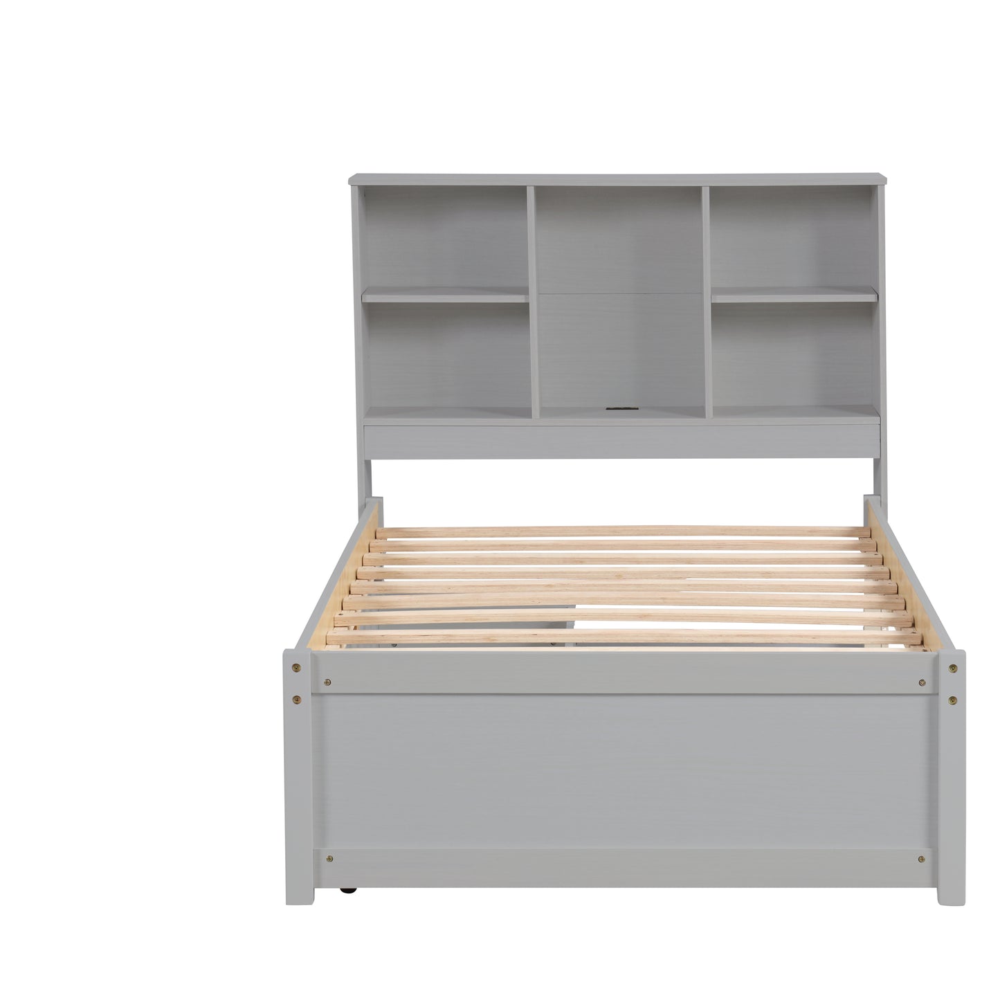 Twin Size Grey Bed Frame with Bookcase Headboard