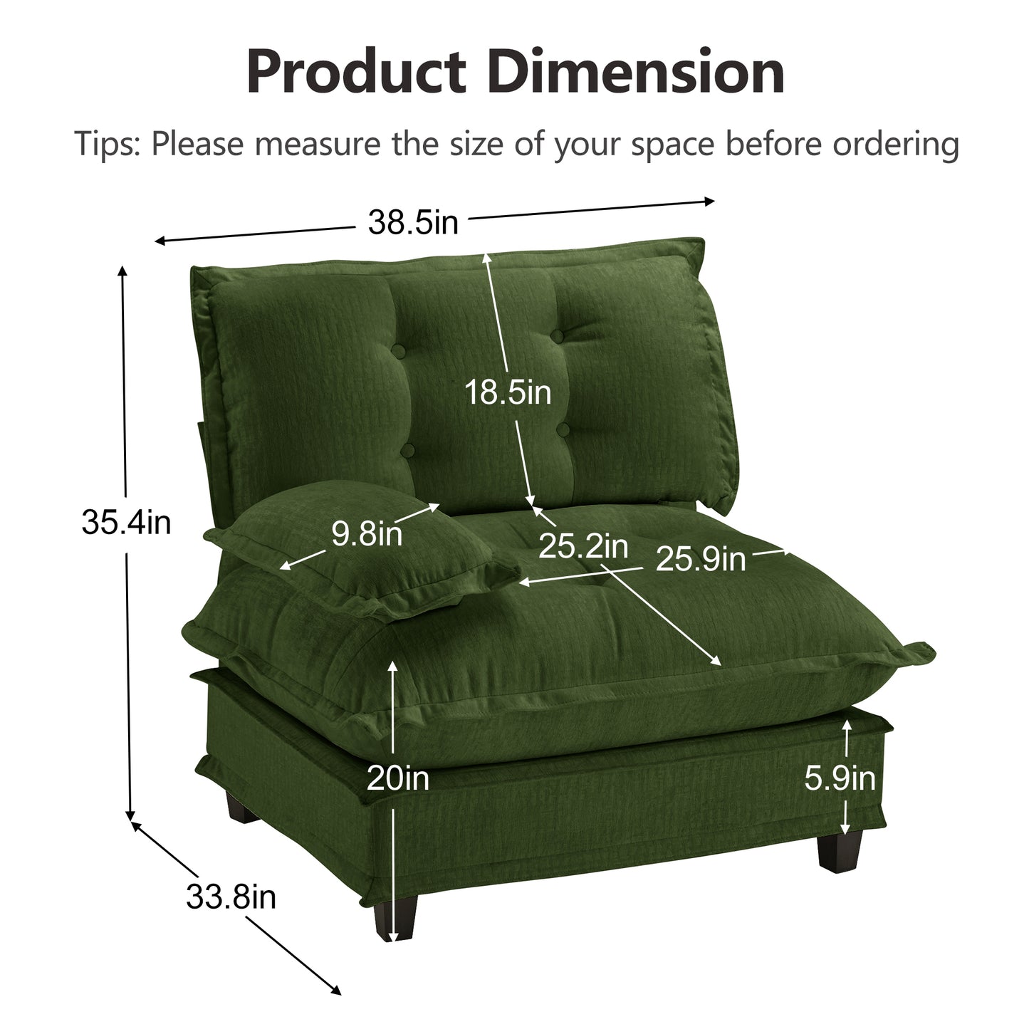 Green Chenille 3-Seat Sofa - 38.58" L for Living Room