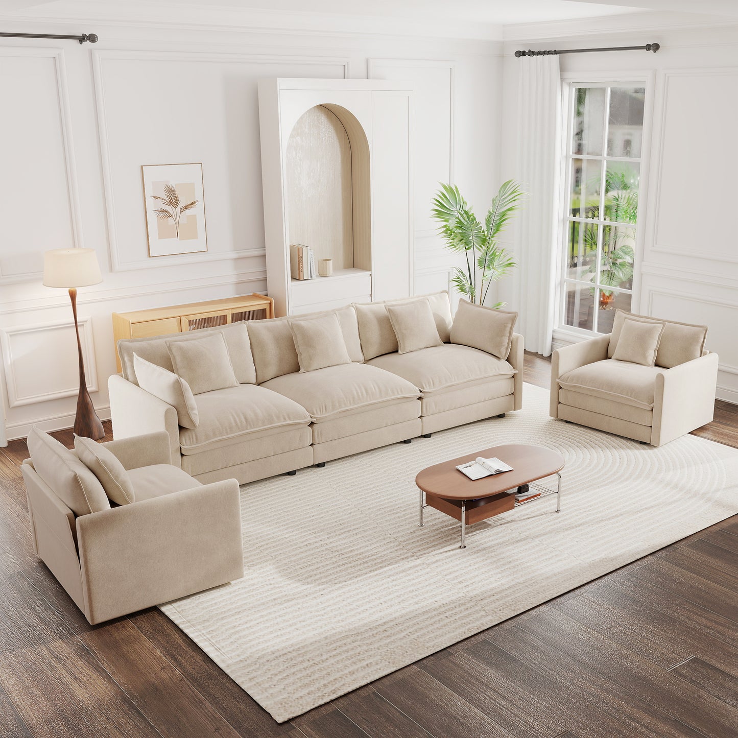 Sofa Set of 3, 1+1+3 Seats Living Room Sofa Set, Accent Chair, Loveseat, and Three-Seat Sofa Modern Style Round Arms 3 Piece Sofa Set, Light Coffee Chenille