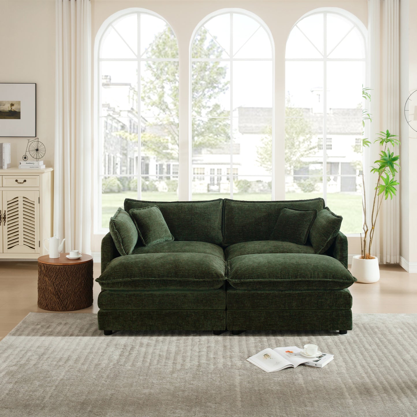 4 - Piece Upholstered Sectional Sofa, 1 - Piece of 2 Seater Sofa and 2- Piece of Ottomans , 2 Seater Loveseat Lounge with Ottomans , Green Chenille
