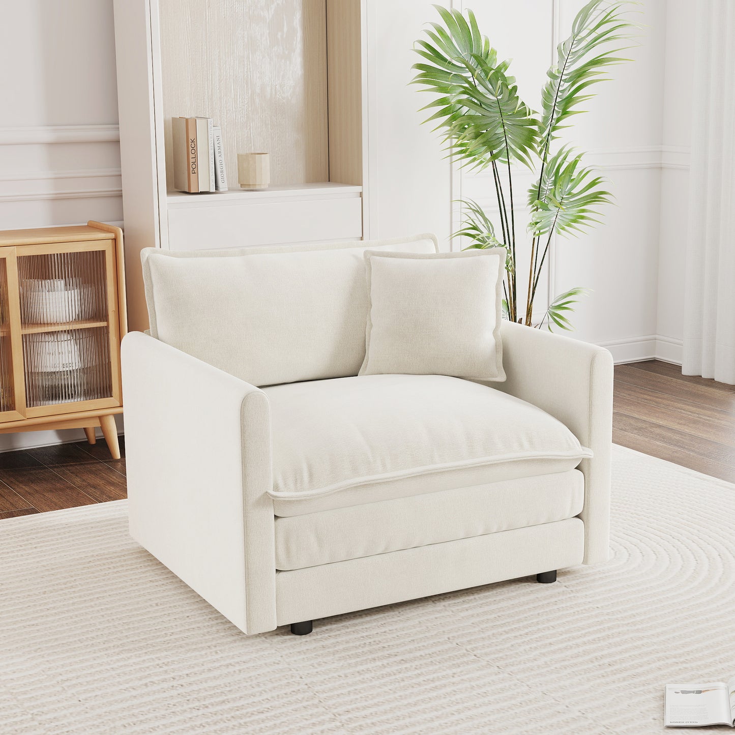 Comfy Deep Single Seat Sofa Upholstered Reading Armchair Living Room Chair White Chenille Fabric , 1 Toss Pillow