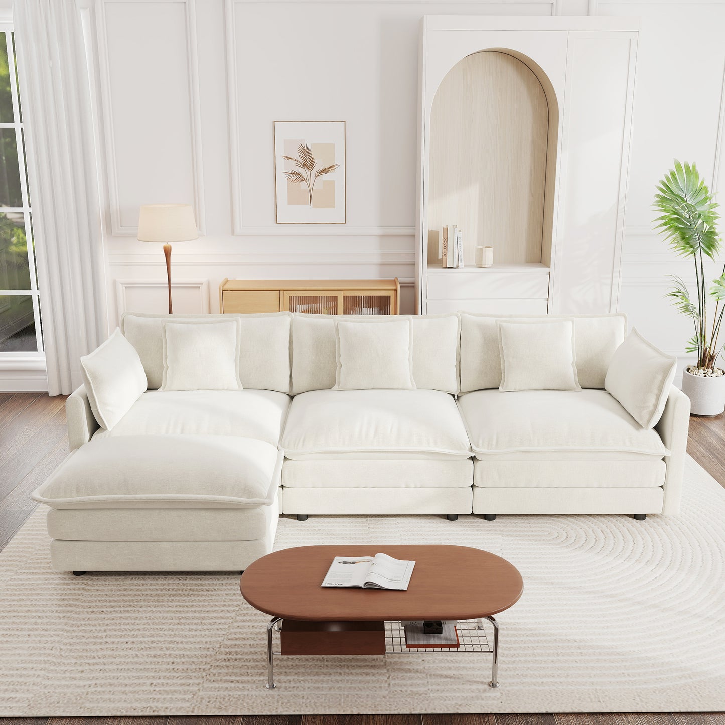 Free Combination Comfy Upholstery Modular Oversized L Shaped Sectional Sofa With Reversible Ottoman, White Chenille
